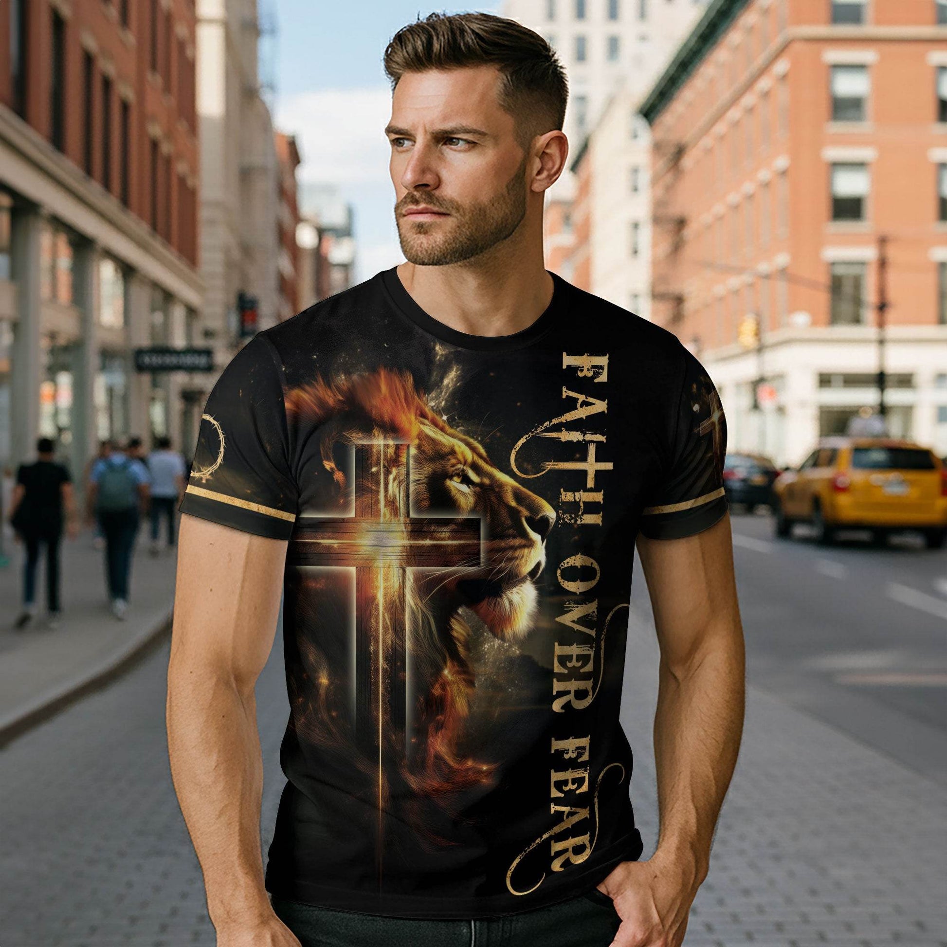 Faith Over Fear Lion and Cross Double-Sided Christian T-Shirt - Rust Field Wear
