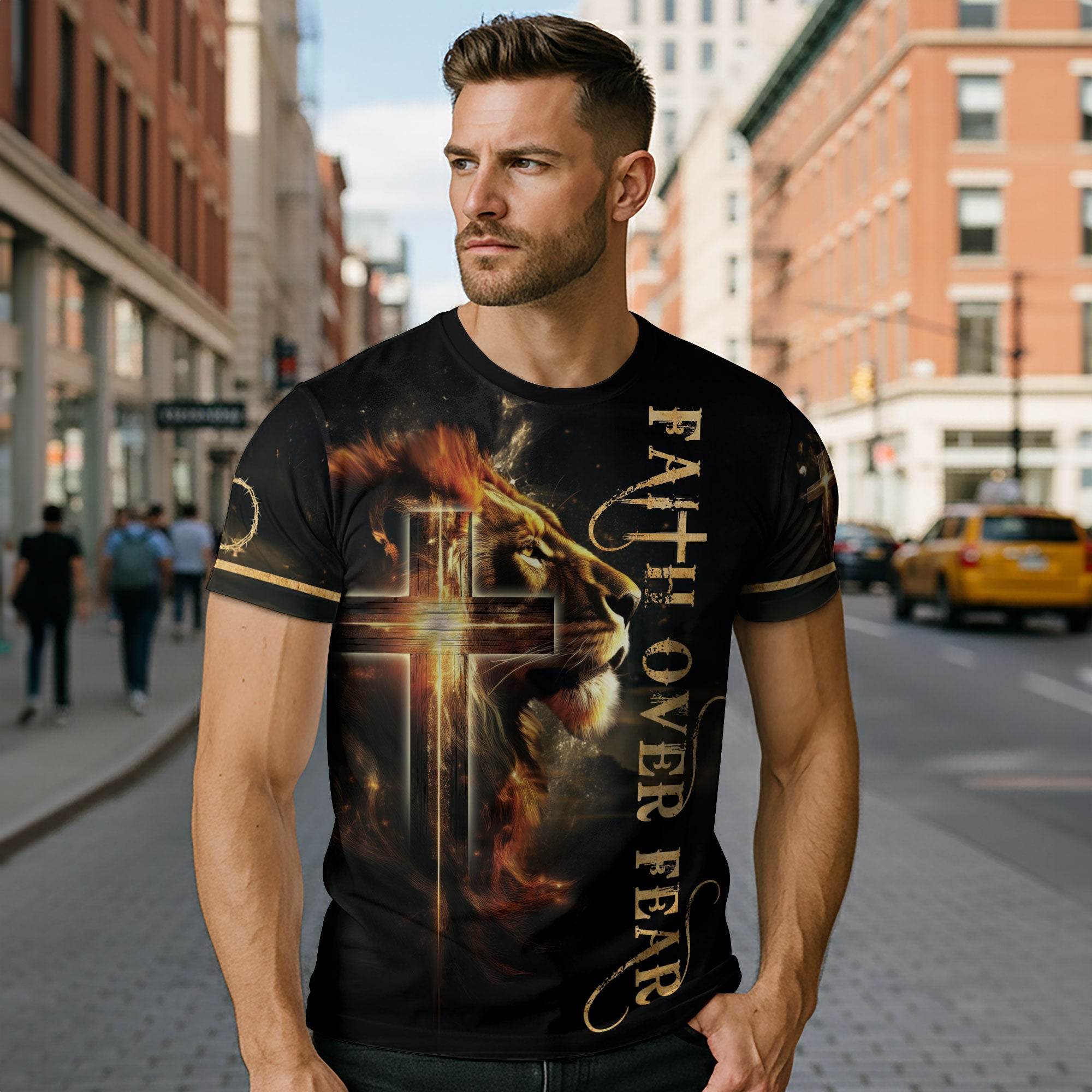 Faith Over Fear Lion and Cross Double-Sided Christian T-Shirt - Rust Field Wear