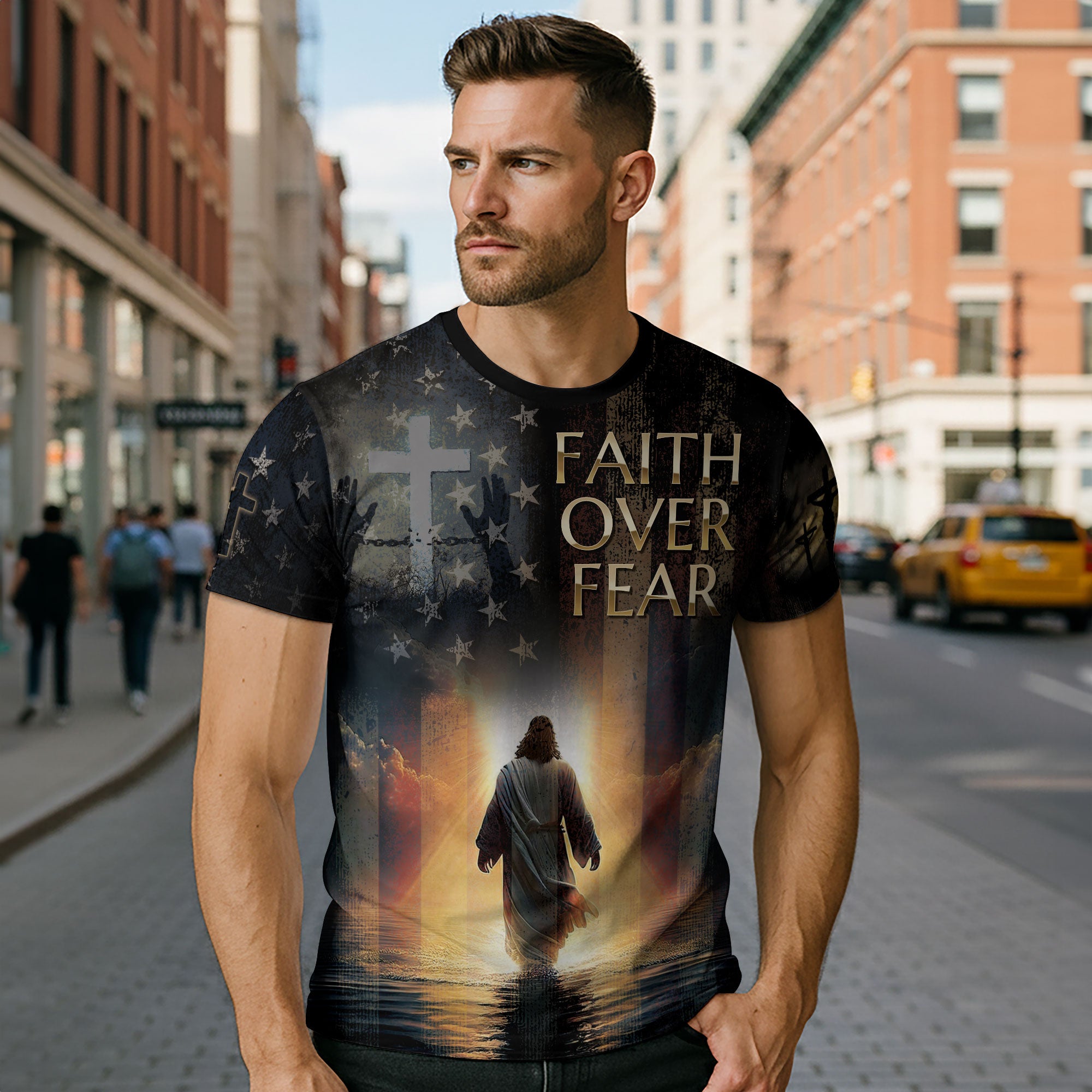 Faith Over Fear Jesus Walks On Water Christian Patriotic T-Shirt