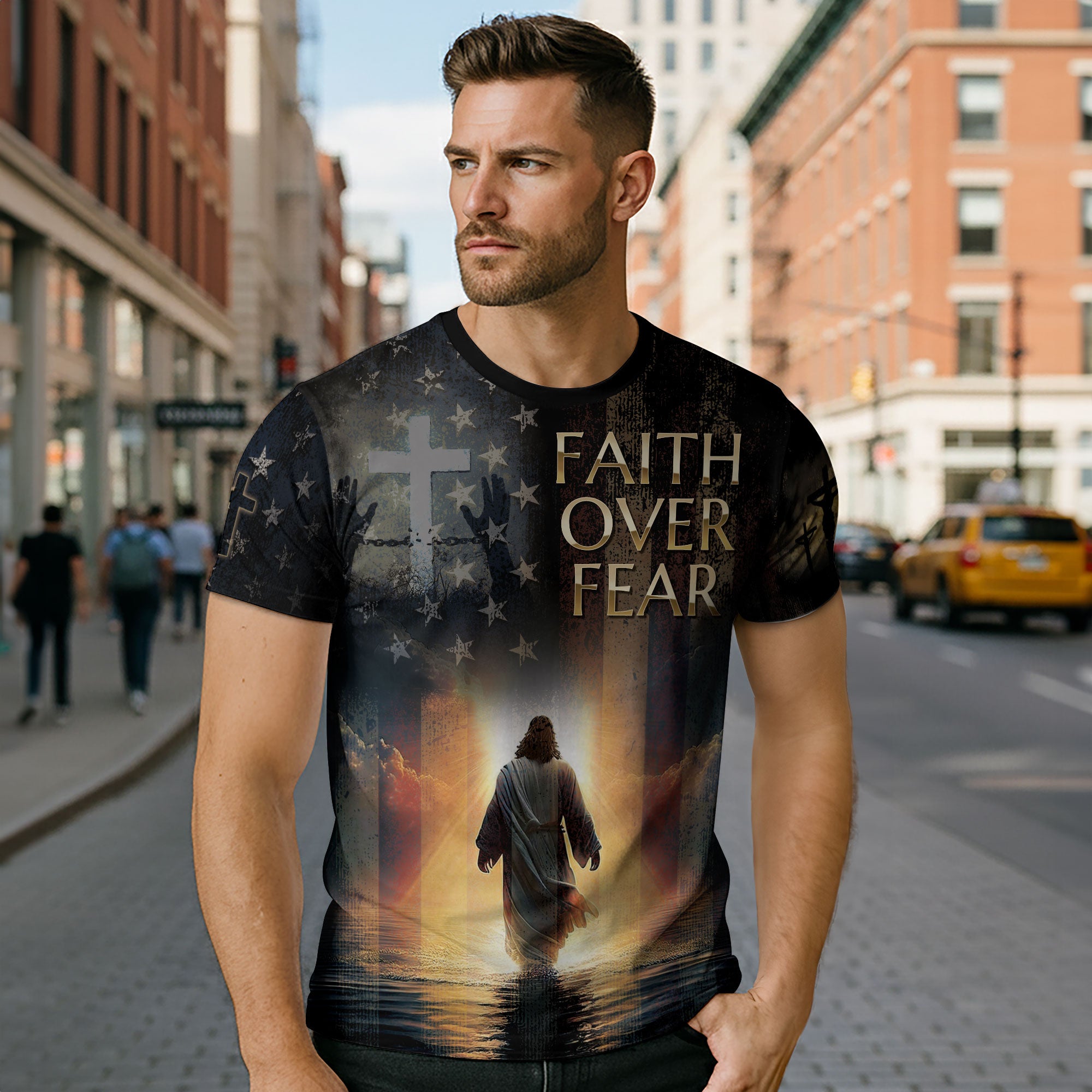 Faith Over Fear Jesus Walks On Water Christian Patriotic T-Shirt