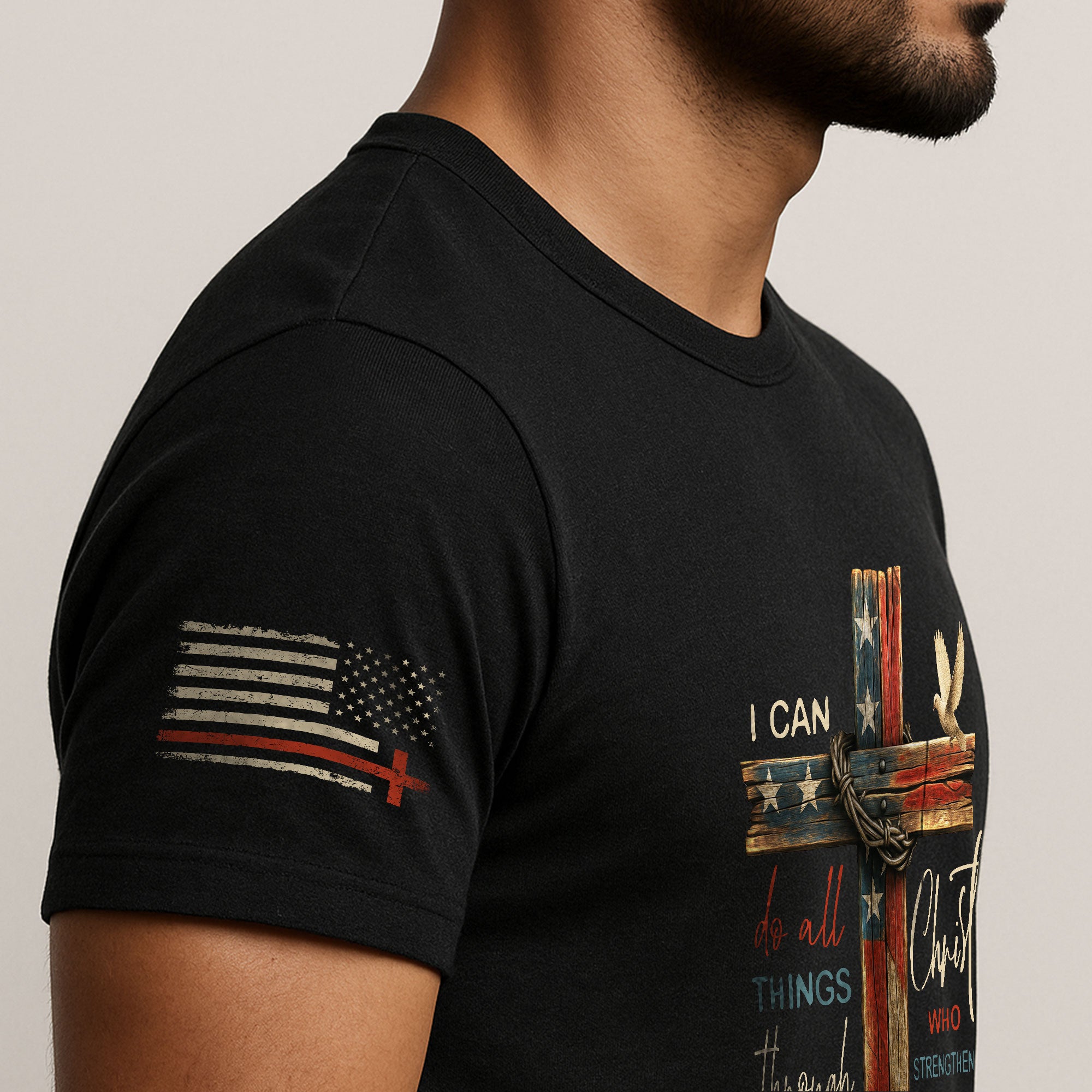 Philippians 4:13 Shirt – I Can Do All Things Through Christ Flag Cross Christian Tee
