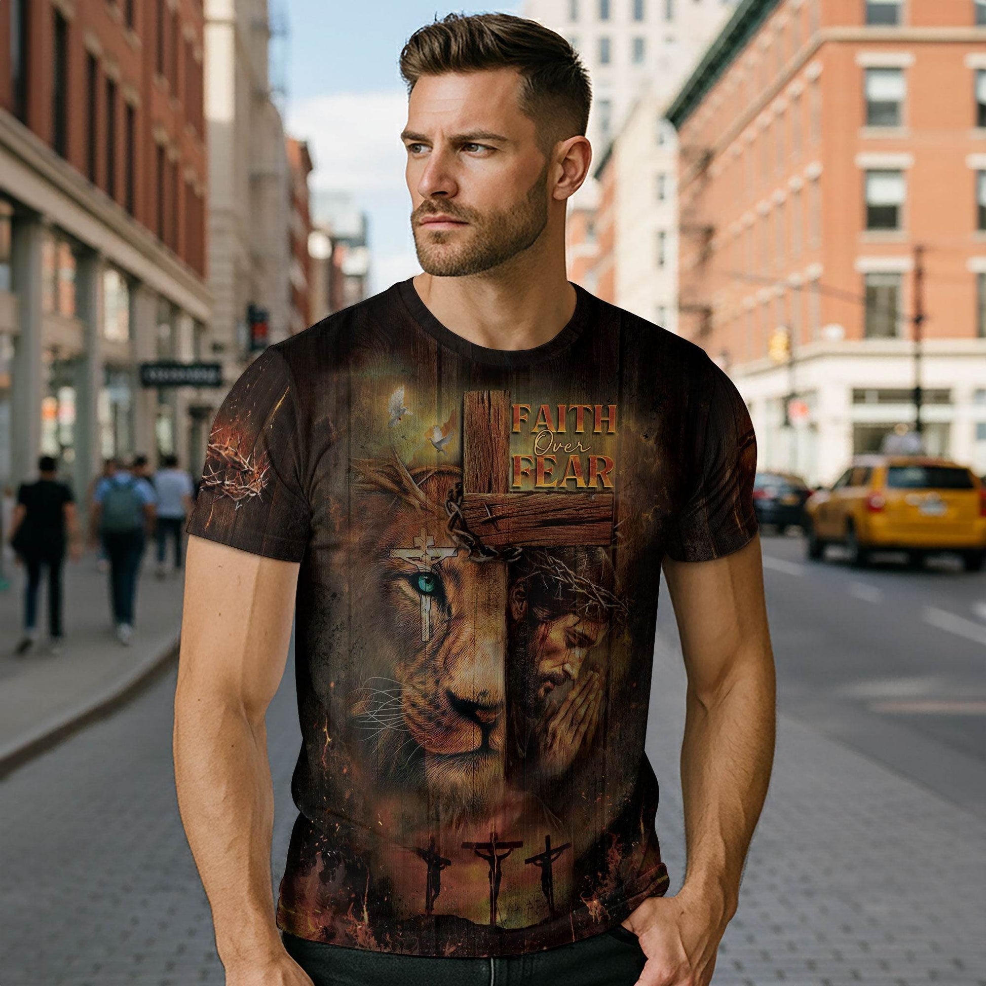Faith Over Fear Lion & Cross Christian T-Shirt - Rust Field Wear