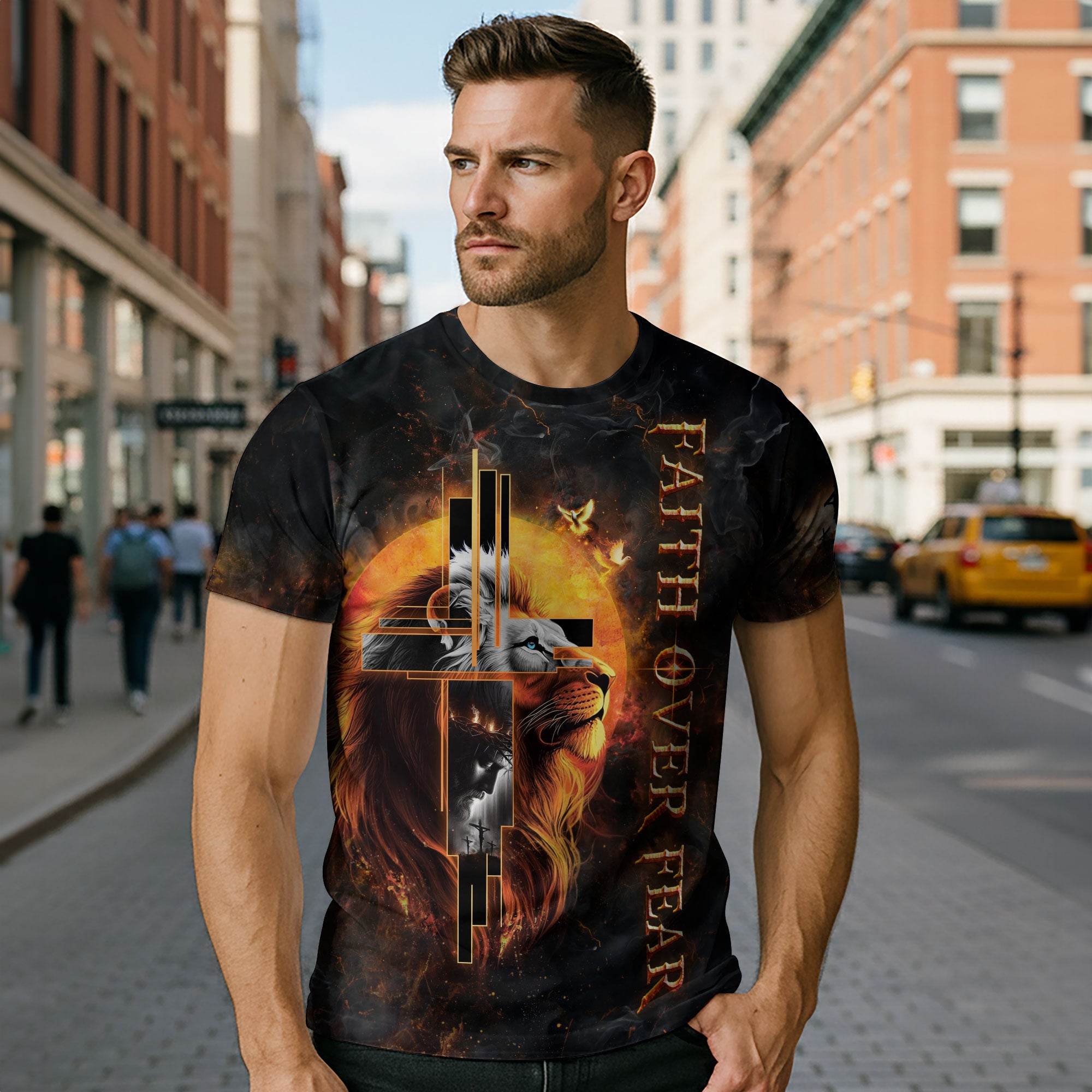 Faith Over Fear Cross Lion & Jesus T-Shirt - Rust Field Wear