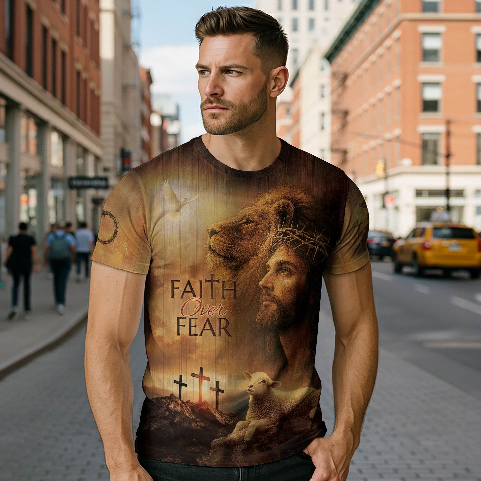 Faith Over Fear Lion, Jesus & Lamb T-Shirt - Rust Field Wear