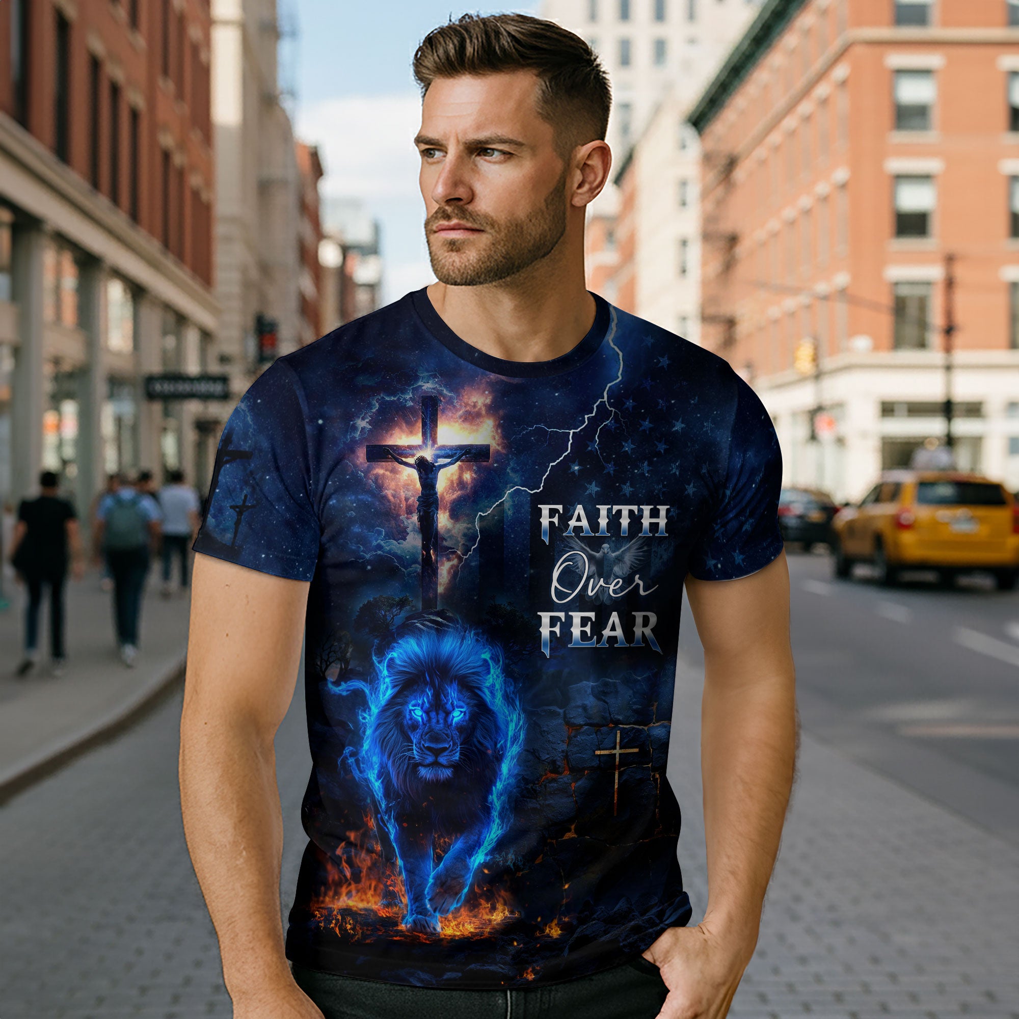 Faith Over Fear Blue Fire Lion And Crucifixion T-Shirt