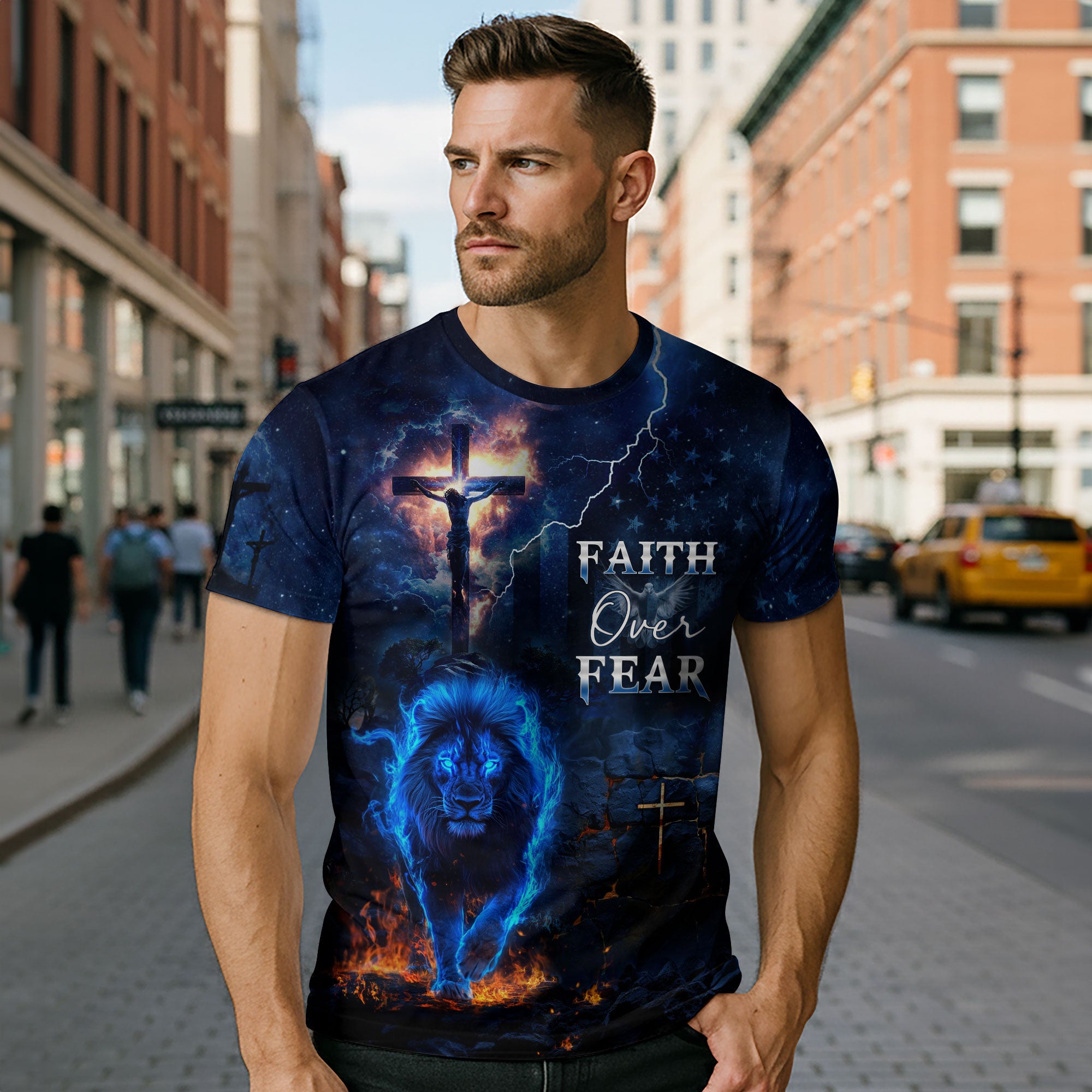 Faith Over Fear Blue Fire Lion And Crucifixion T-Shirt
