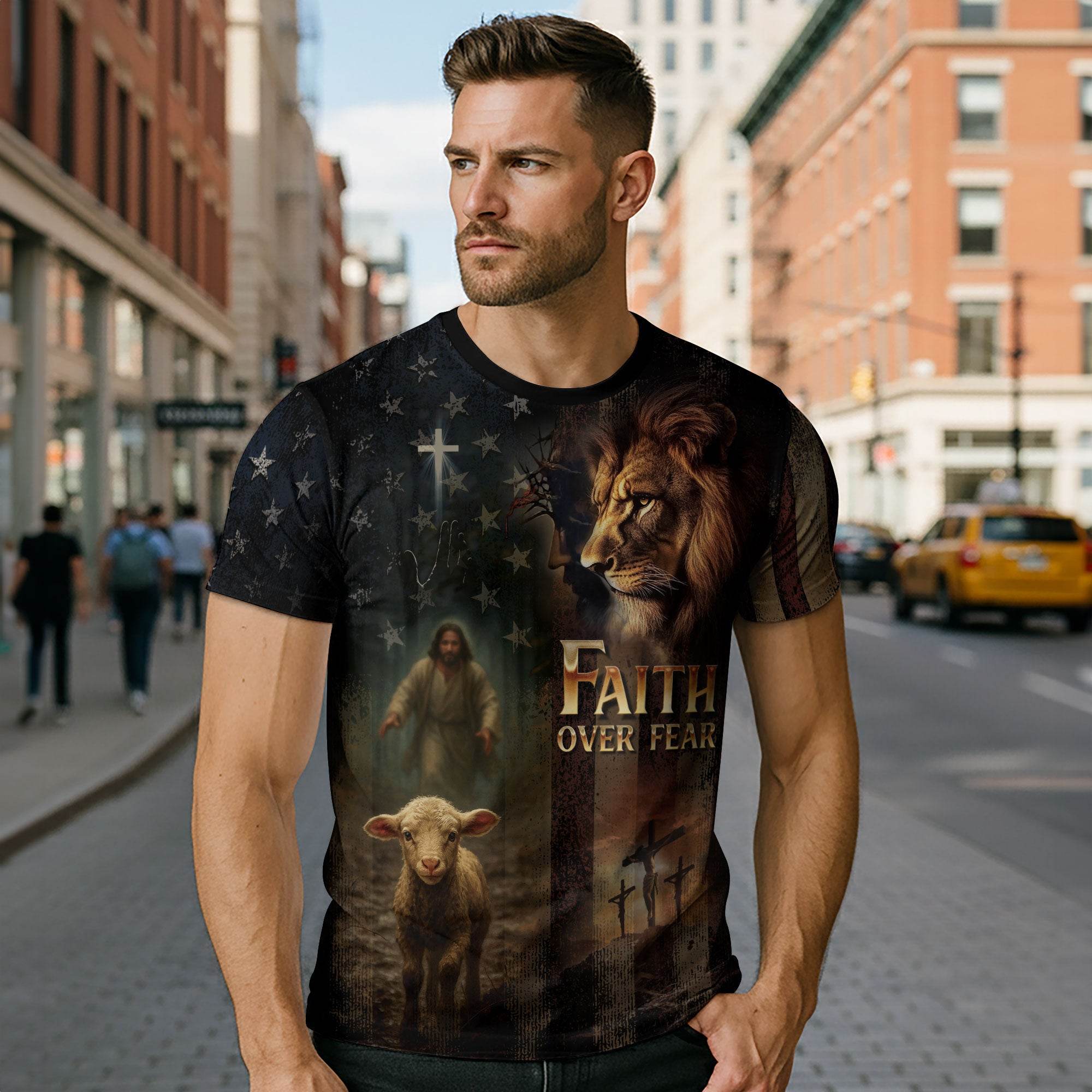 Faith Over Fear Lion & Lamb Christian Cross T-Shirt - Rust Field Wear