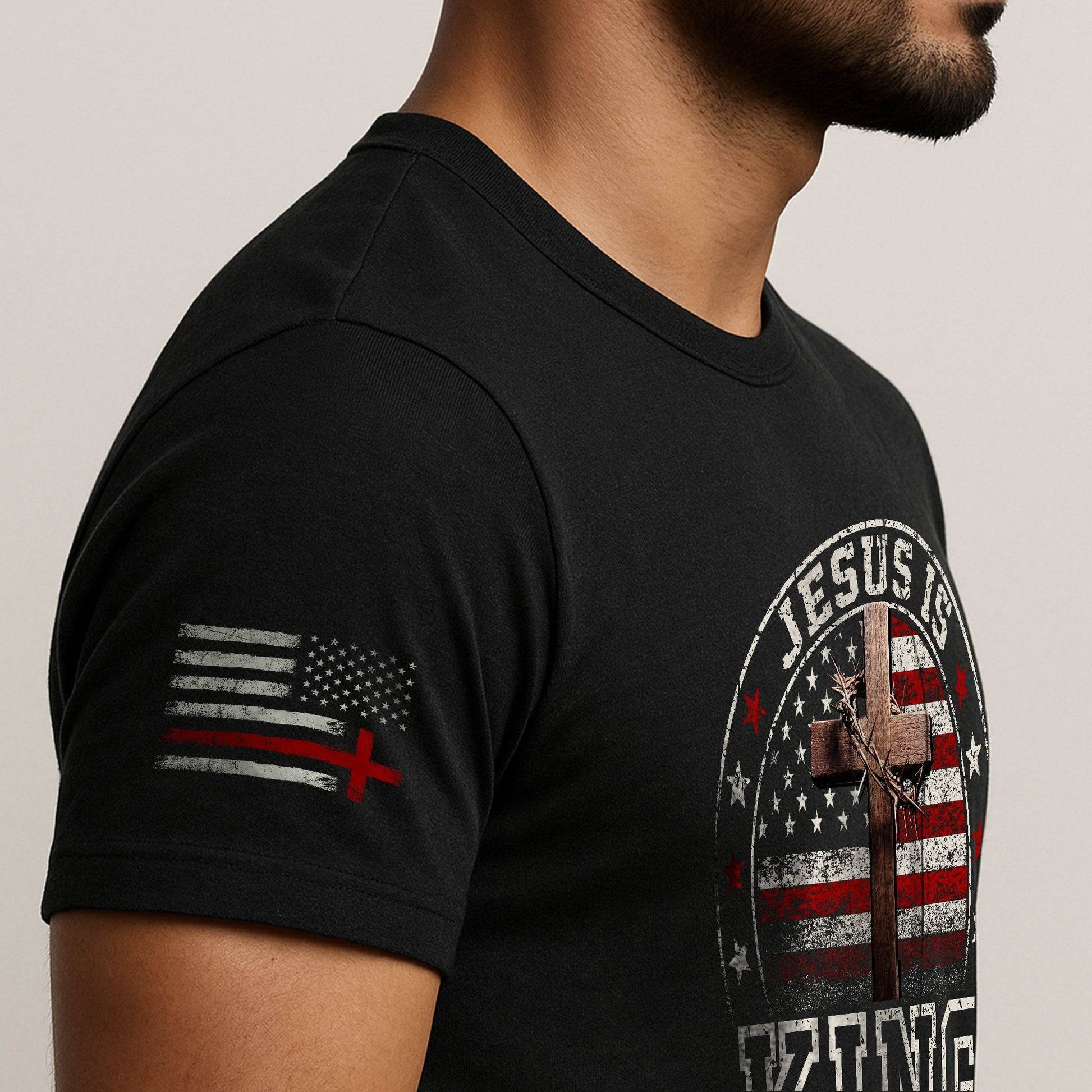 Jesus Is King - Christian Cross American Flag T-Shirt for Men - Rust Field Wear