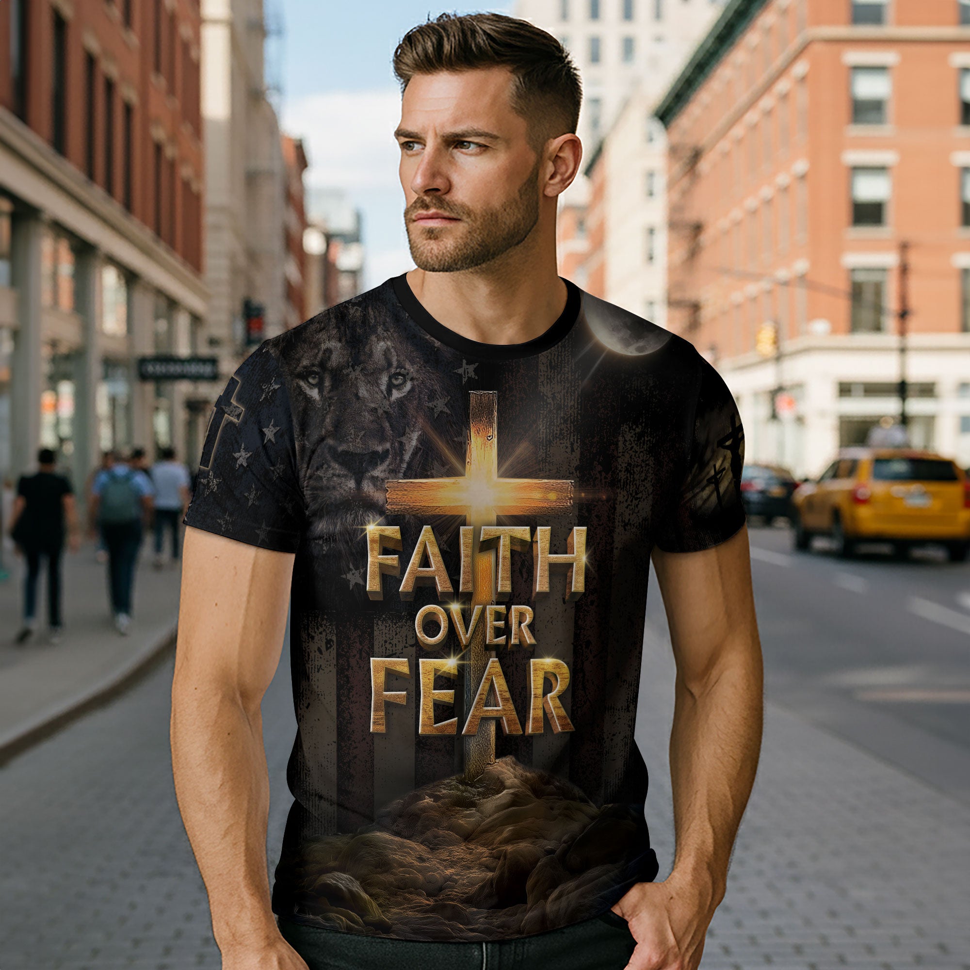 Faith Over Fear | Cross of Light & Warrior Lion Christian Shirt