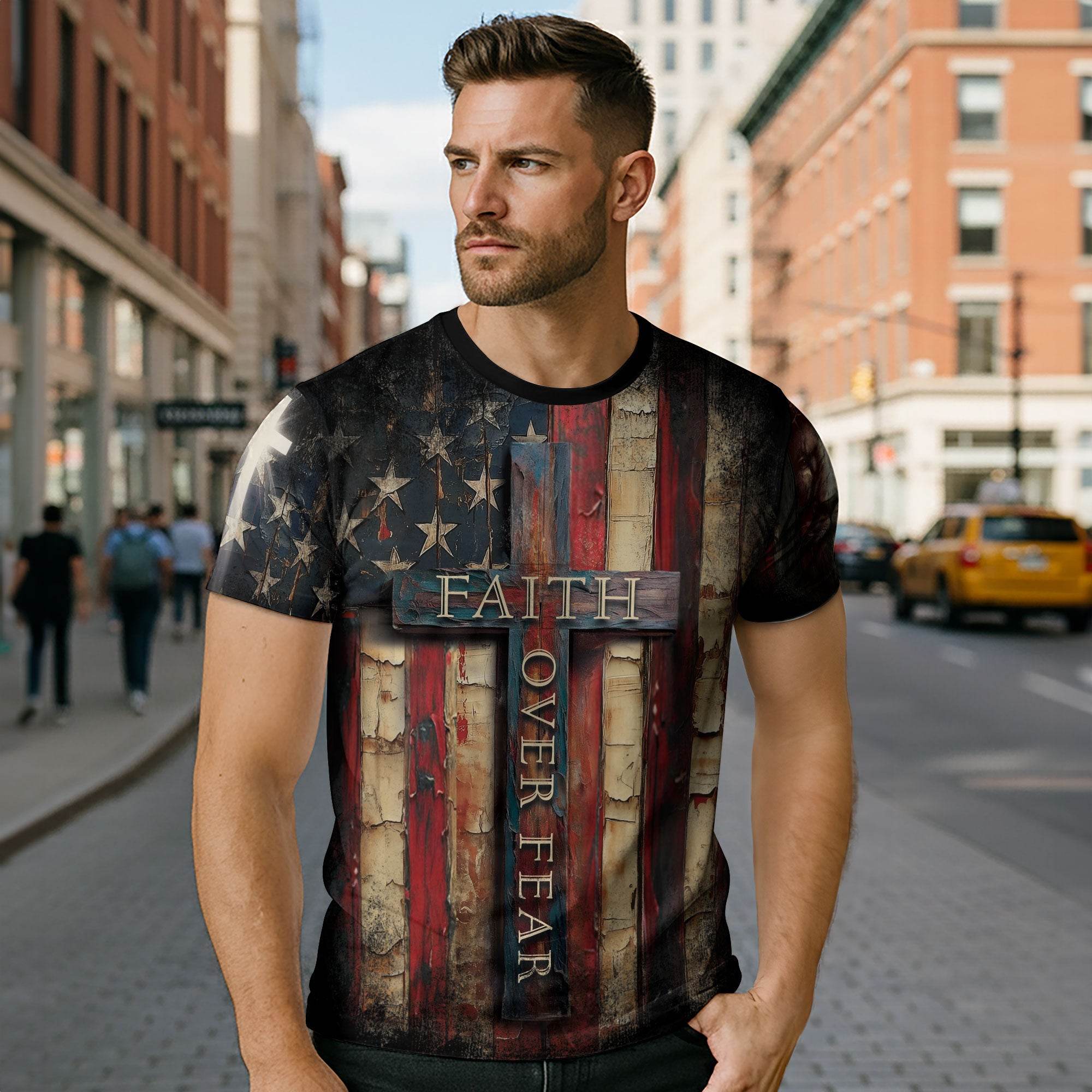 Faith Over Fear Cross Shirt – Rustic American Flag Christian Tee - Rust Field Wear