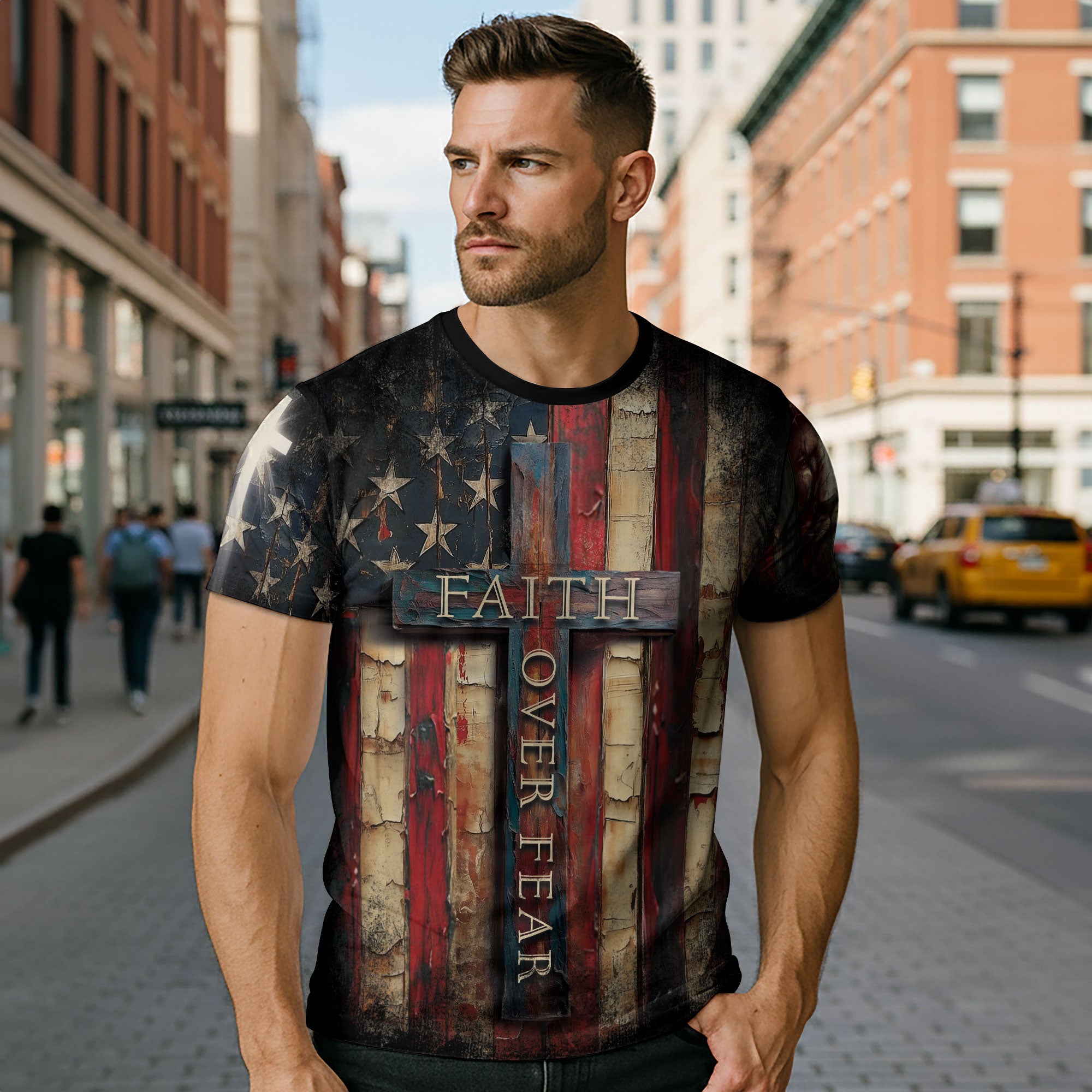 Faith Over Fear Cross Shirt – Rustic American Flag Christian Tee