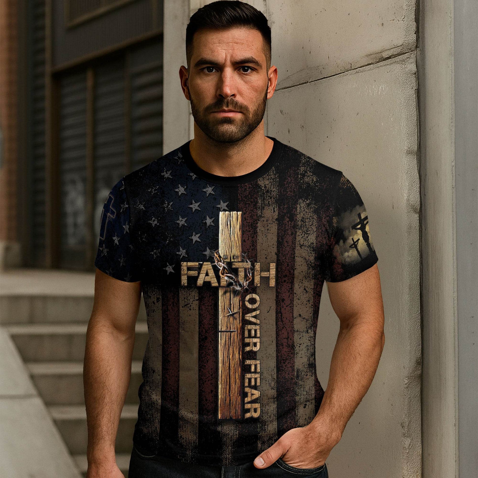 FAITH OVER FEAR | Cross & Crown of Thorns Patriotic Tee - Rust Field Wear