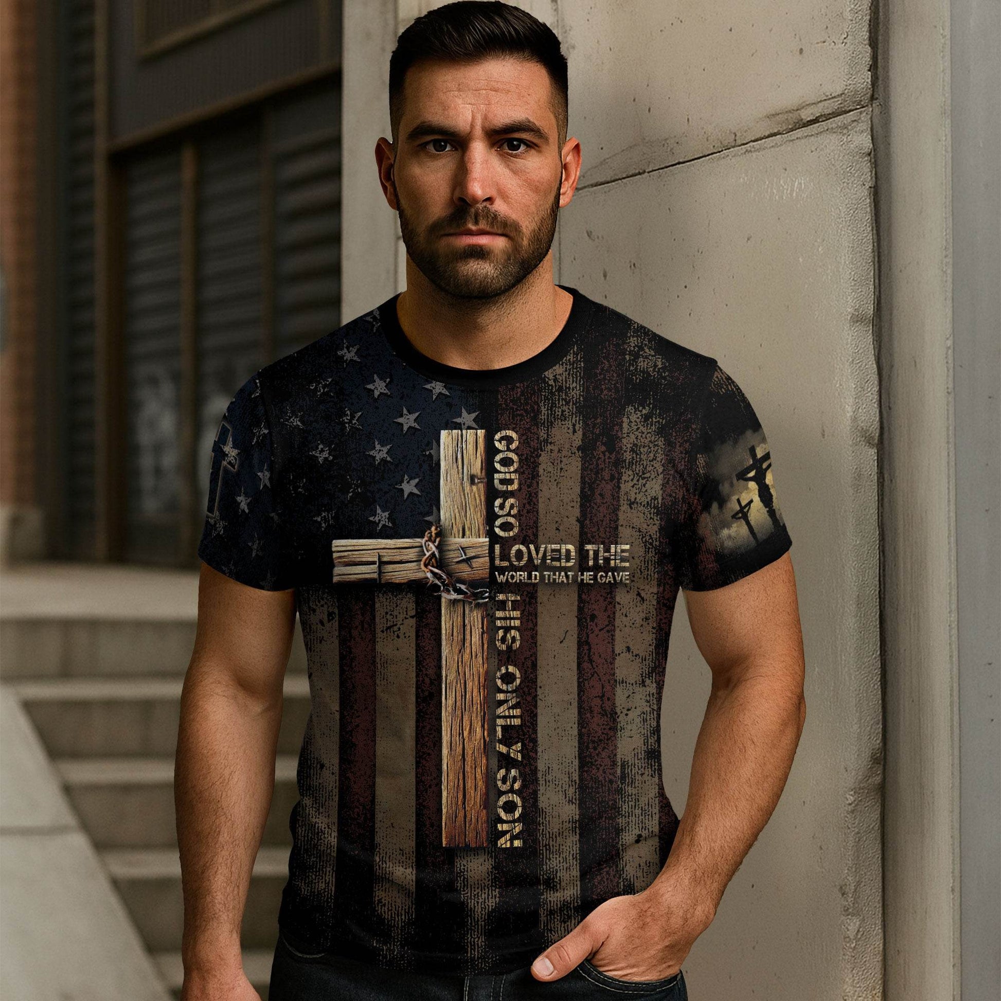 God So Loved The World | John 3:16 Cross & Crown Patriotic Tee - Rust Field Wear