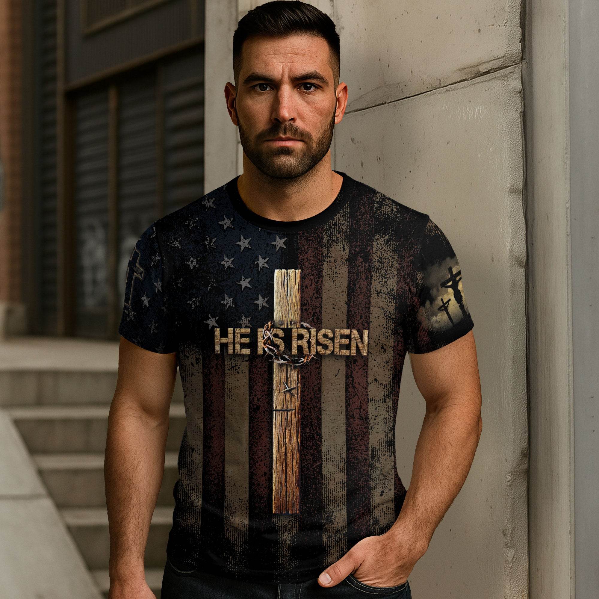 HE IS RISEN | Christian Cross & Resurrection Patriotic Tee - Rust Field Wear