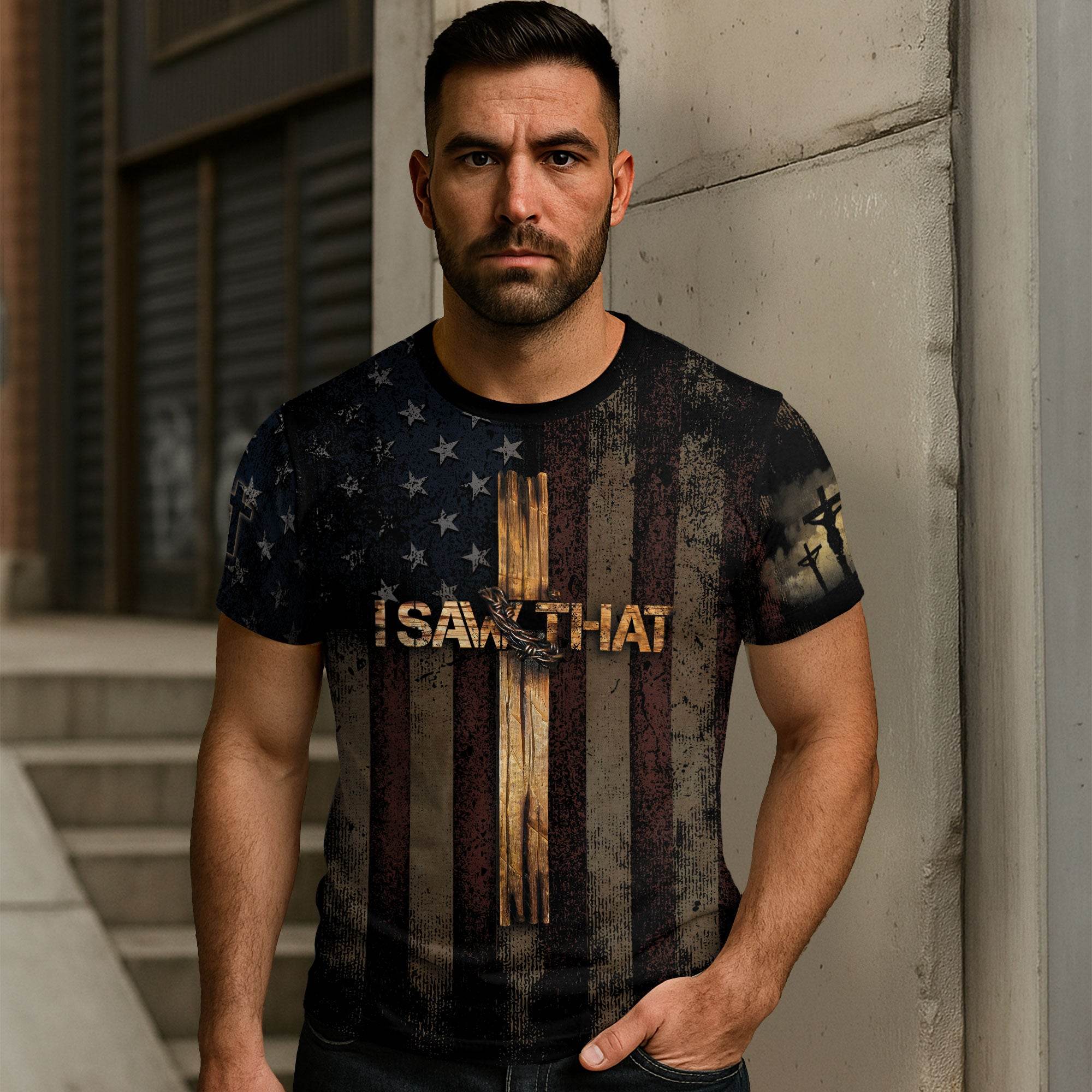 I SAW THAT | Cross & Crown of Thorns Patriotic Tee - Rust Field Wear