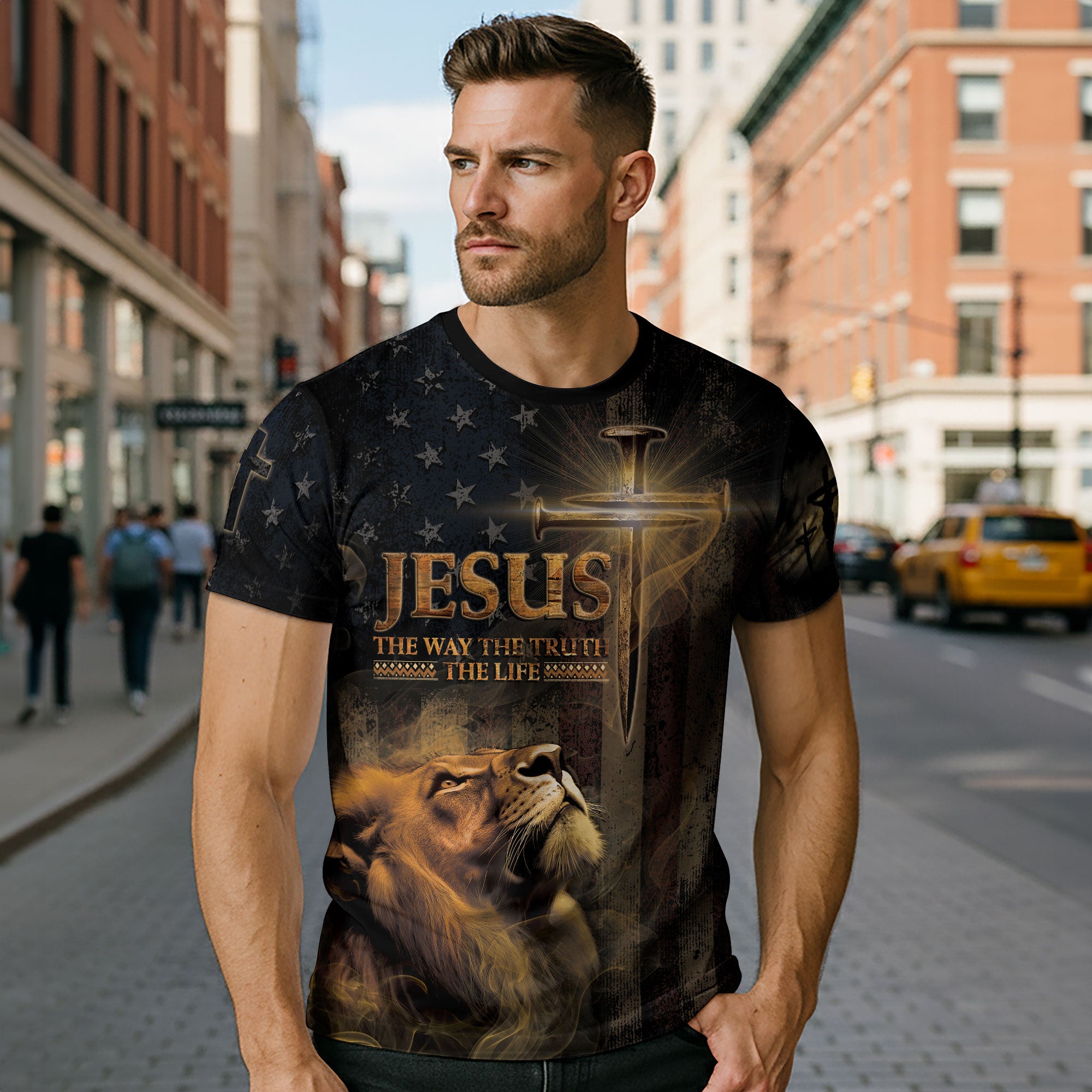 Jesus: Truth & Freedom | Lion, Flag & Cross Patriotic Christian Wear
