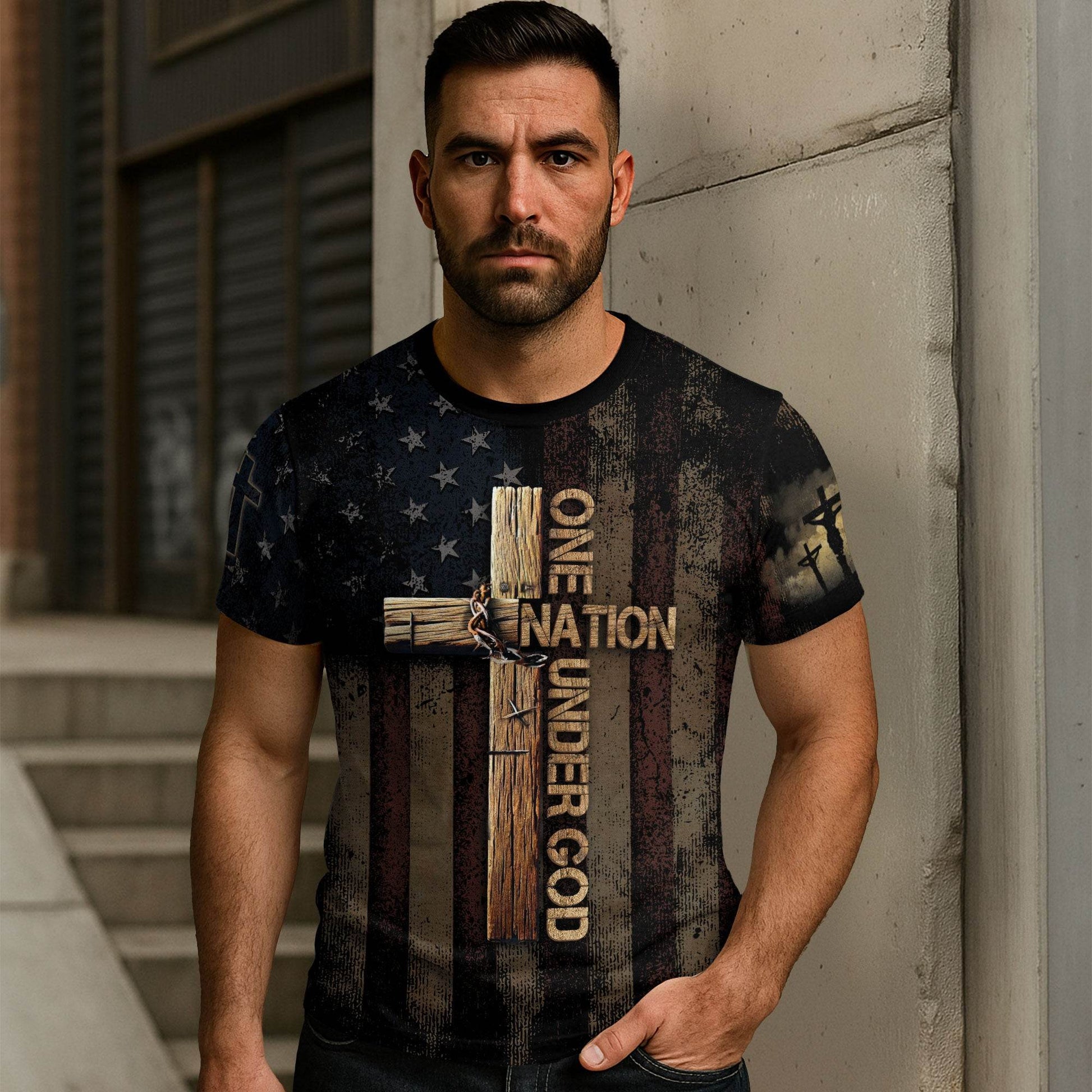 One Nation Under God | Rugged Cross & Crucified Savior Patriotic Tee - Rust Field Wear