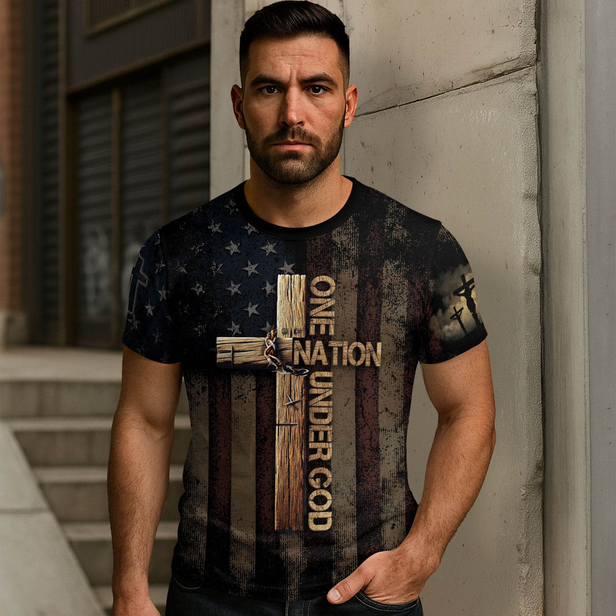 One Nation Under God | Rugged Cross & Crucified Savior Patriotic Tee - Rust Field Wear