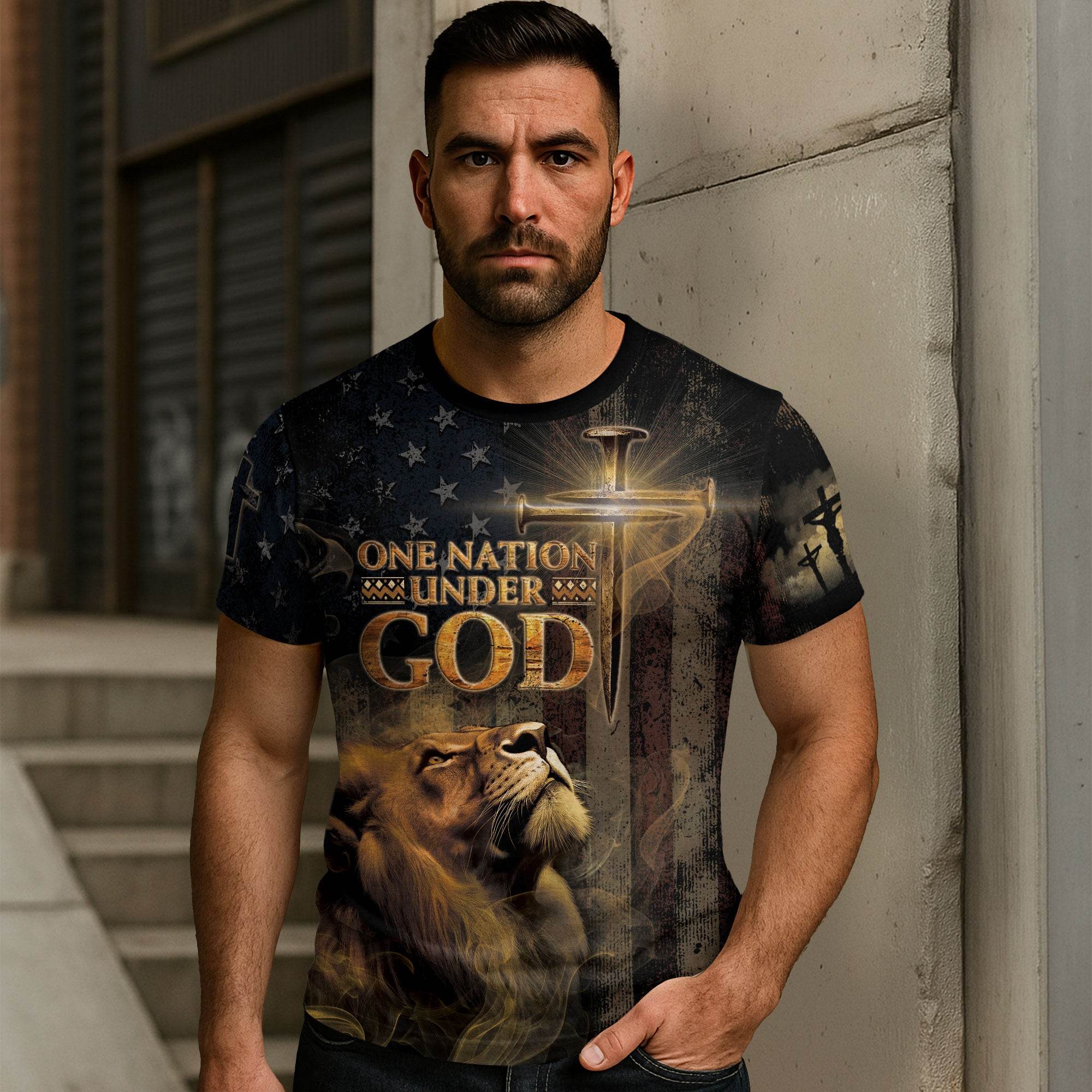 One Nation Under God | Patriotic Christian Tee with Lion & Cross - Rust Field Wear