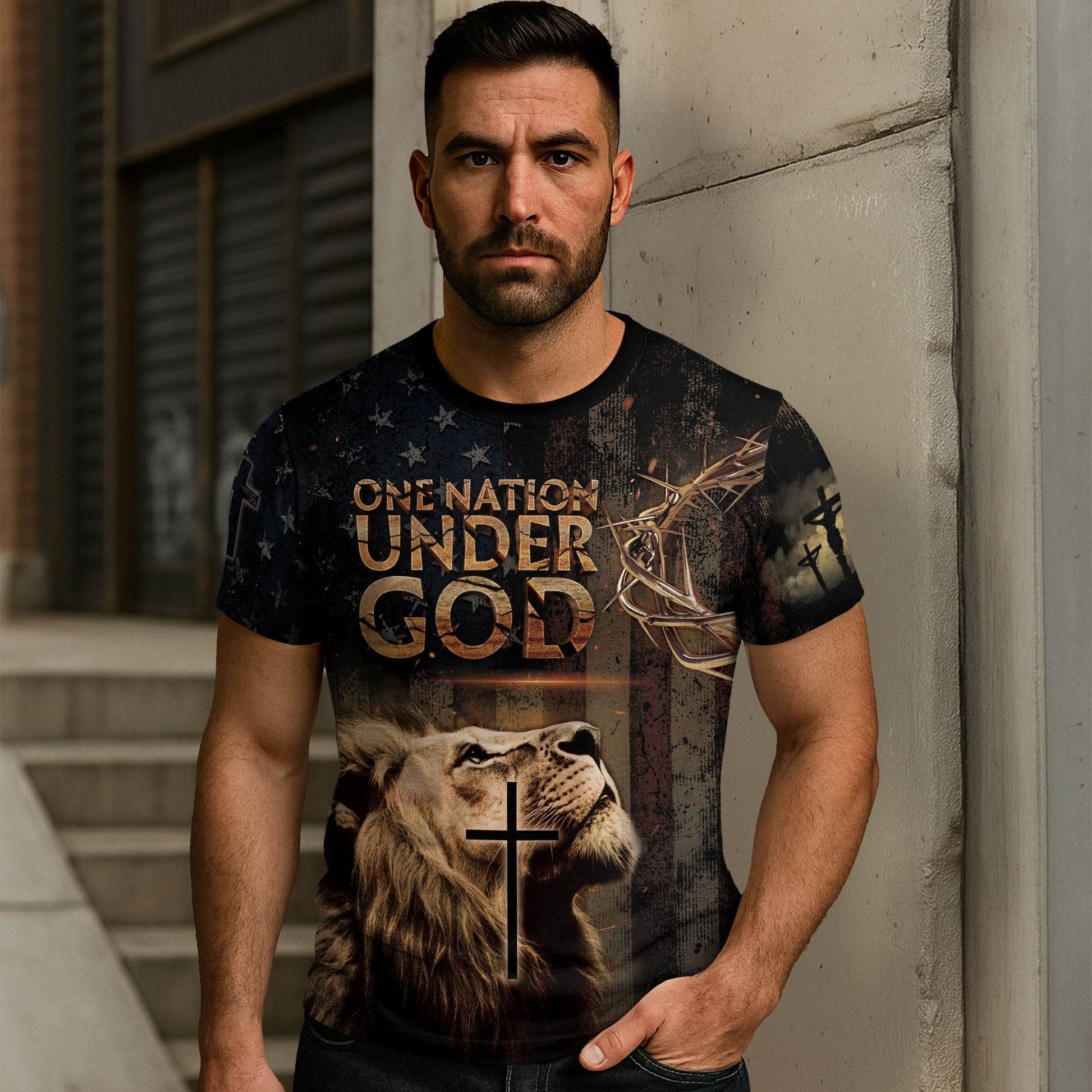 One Nation Under God | Lion of Judah & Cross Shield Christian Tee - Rust Field Wear