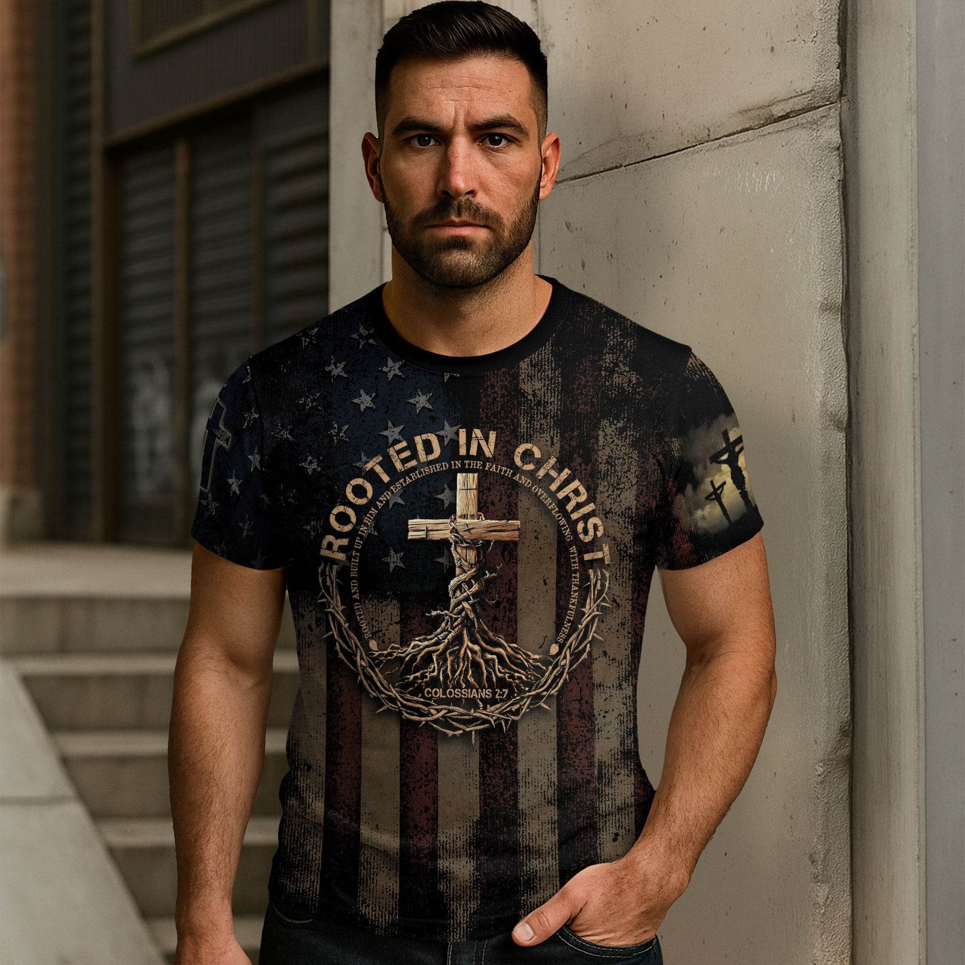 Rooted in Christ | Colossians 2:7 & Crown of Thorns Patriotic Tee - Rust Field Wear