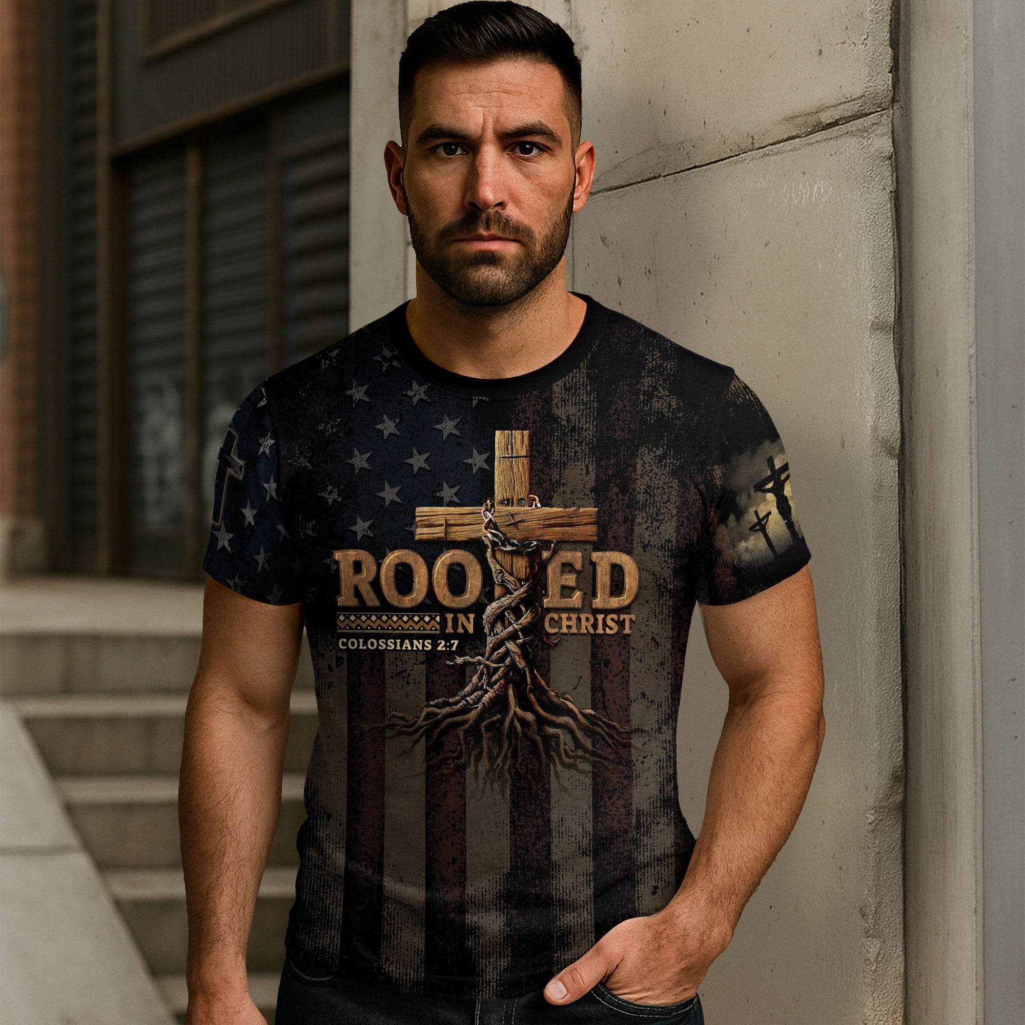 Rooted in Christ | Colossians 2:7 Cross & Vine Christian Patriot Tee - Rust Field Wear