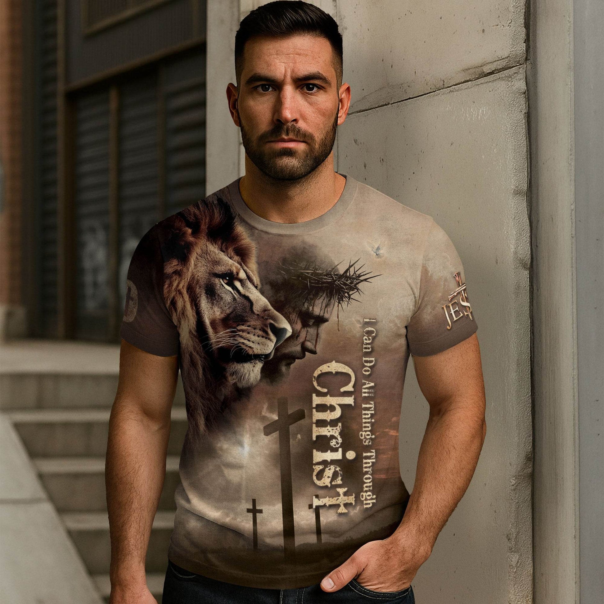 Through Christ I Stand | Lion & Cross Faith Design T-Shirt - Rust Field Wear