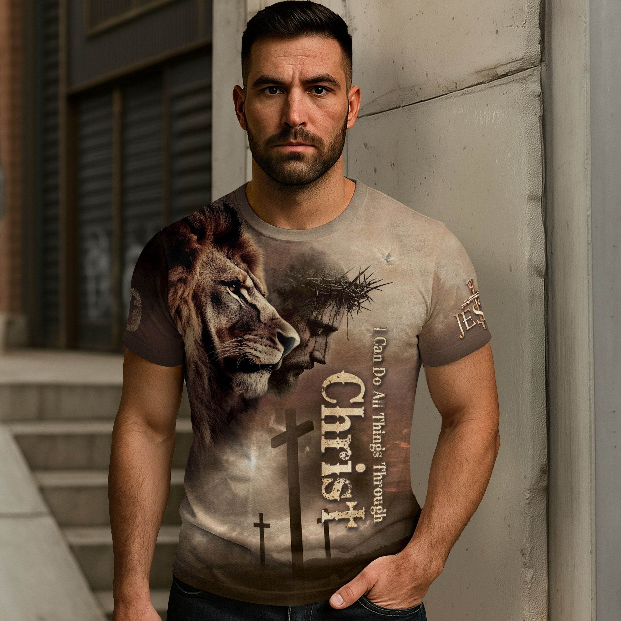 Through Christ I Stand | Lion & Cross Faith Design T-Shirt - Rust Field Wear