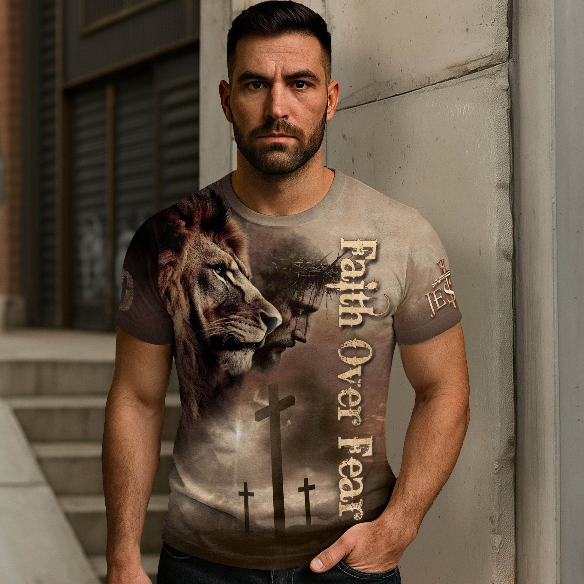 Faith Over Fear | Jesus, Lion & Cross Inspirational T-Shirt - Rust Field Wear