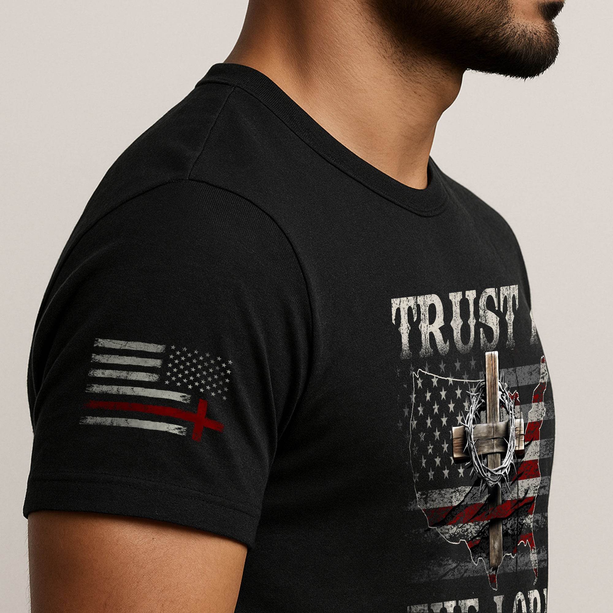 Trust In The Lord Christian T-Shirt – Proverbs 3:5-6 Bible Verse American Flag Cross - Rust Field Wear