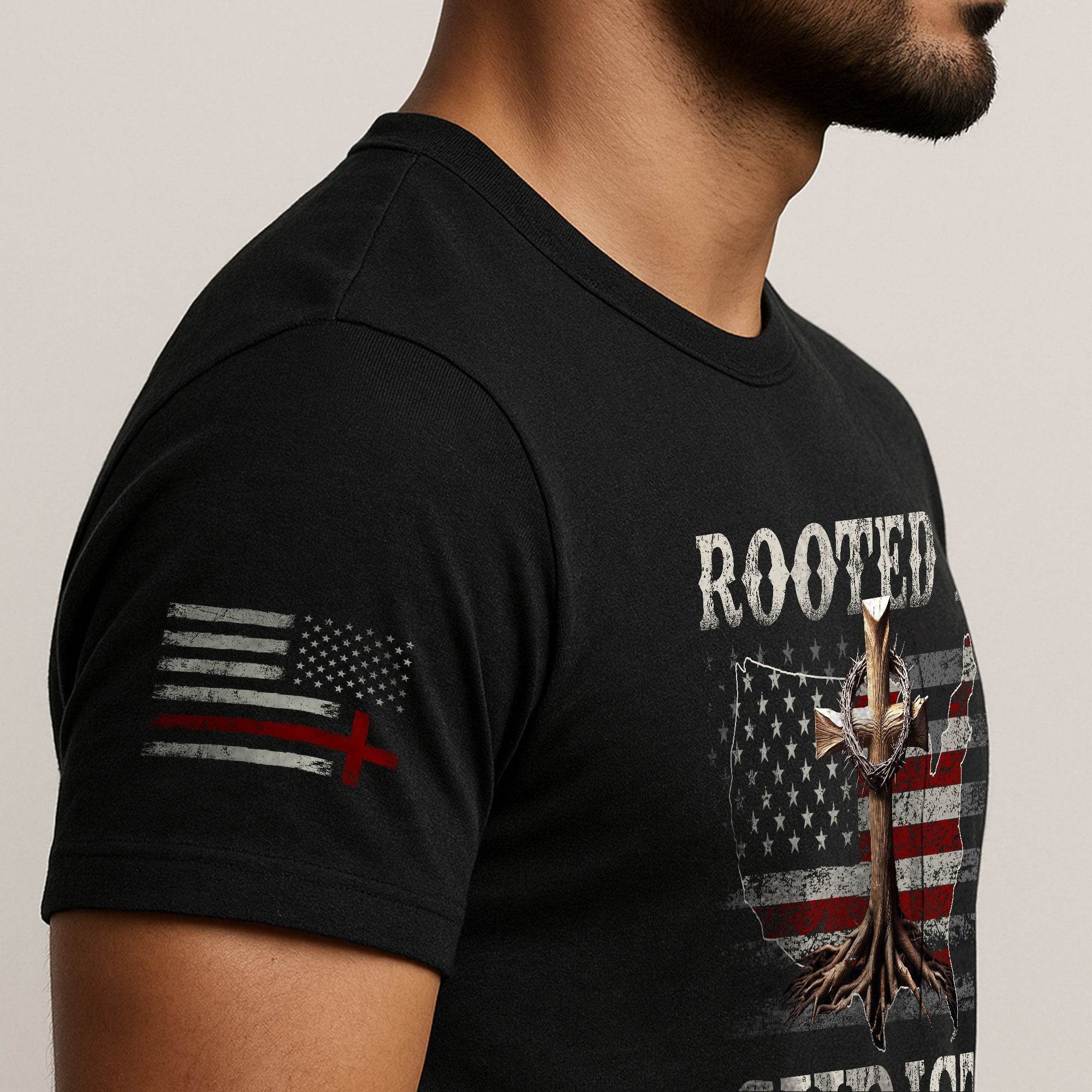 Rooted in Christ USA Flag Map Christian T-Shirt - Rust Field Wear