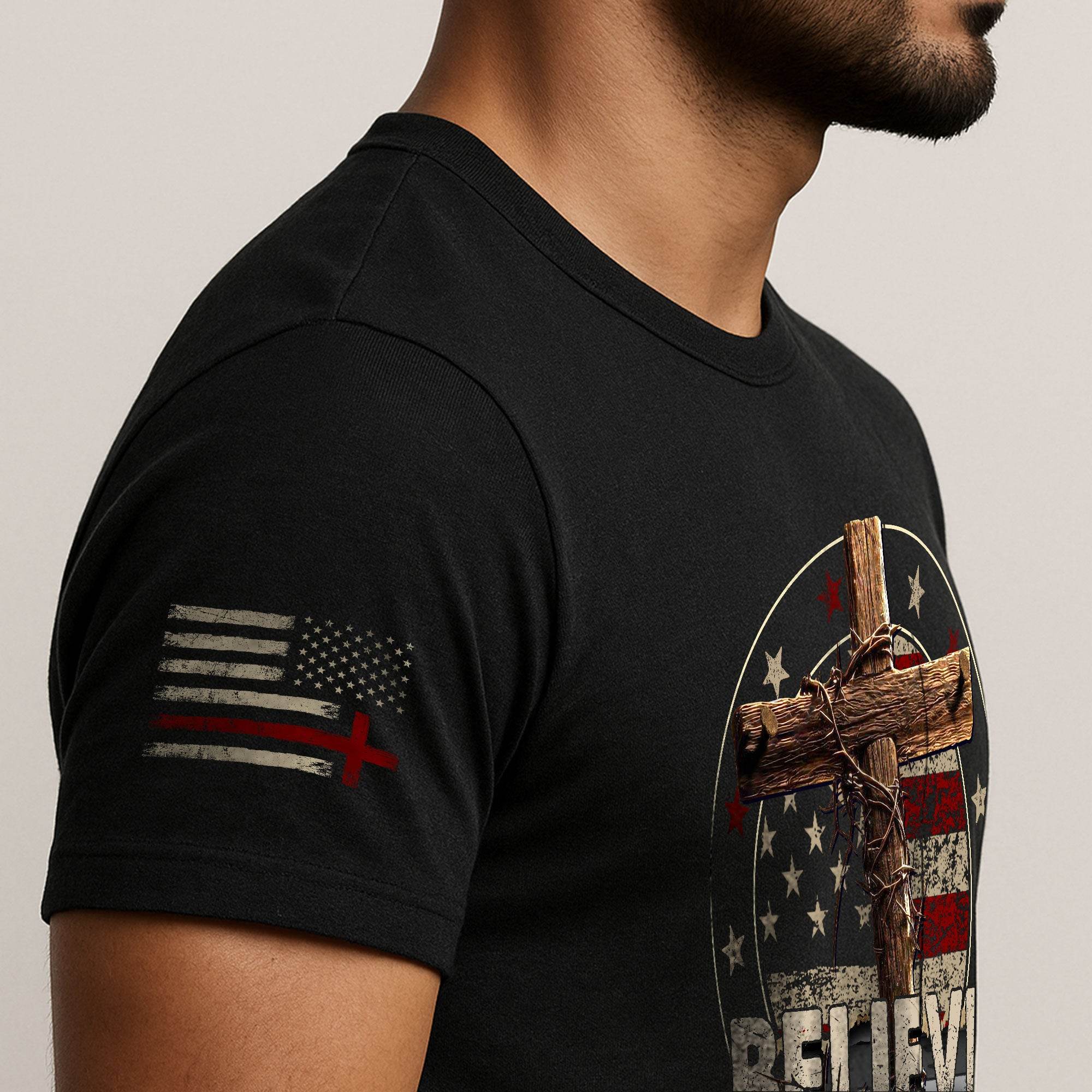 BELIEVE Christian T-Shirt – American Flag Cross & Crown of Thorns - Rust Field Wear