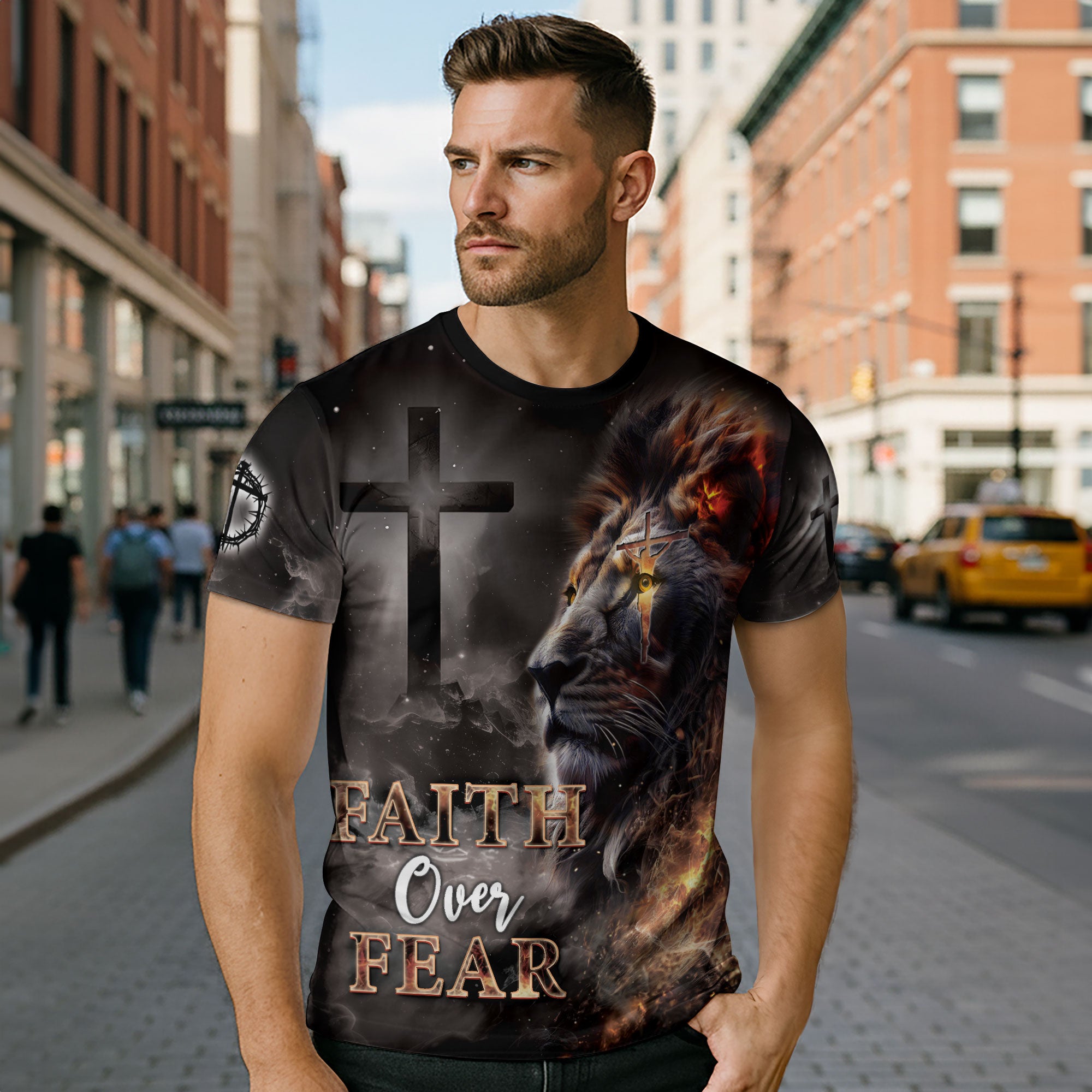 Faith Over Fear T-Shirt – Lion and Cross Full Print Design
