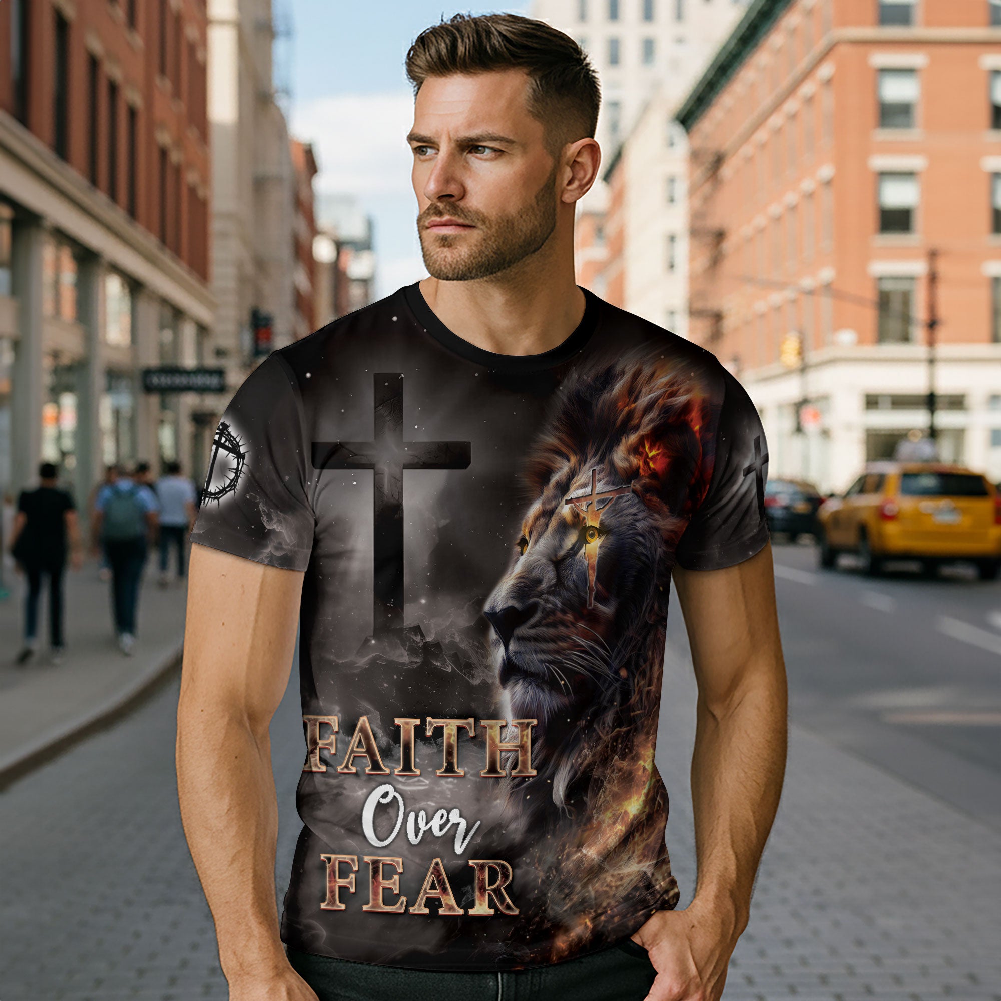 Faith Over Fear T-Shirt – Lion and Cross Full Print Design