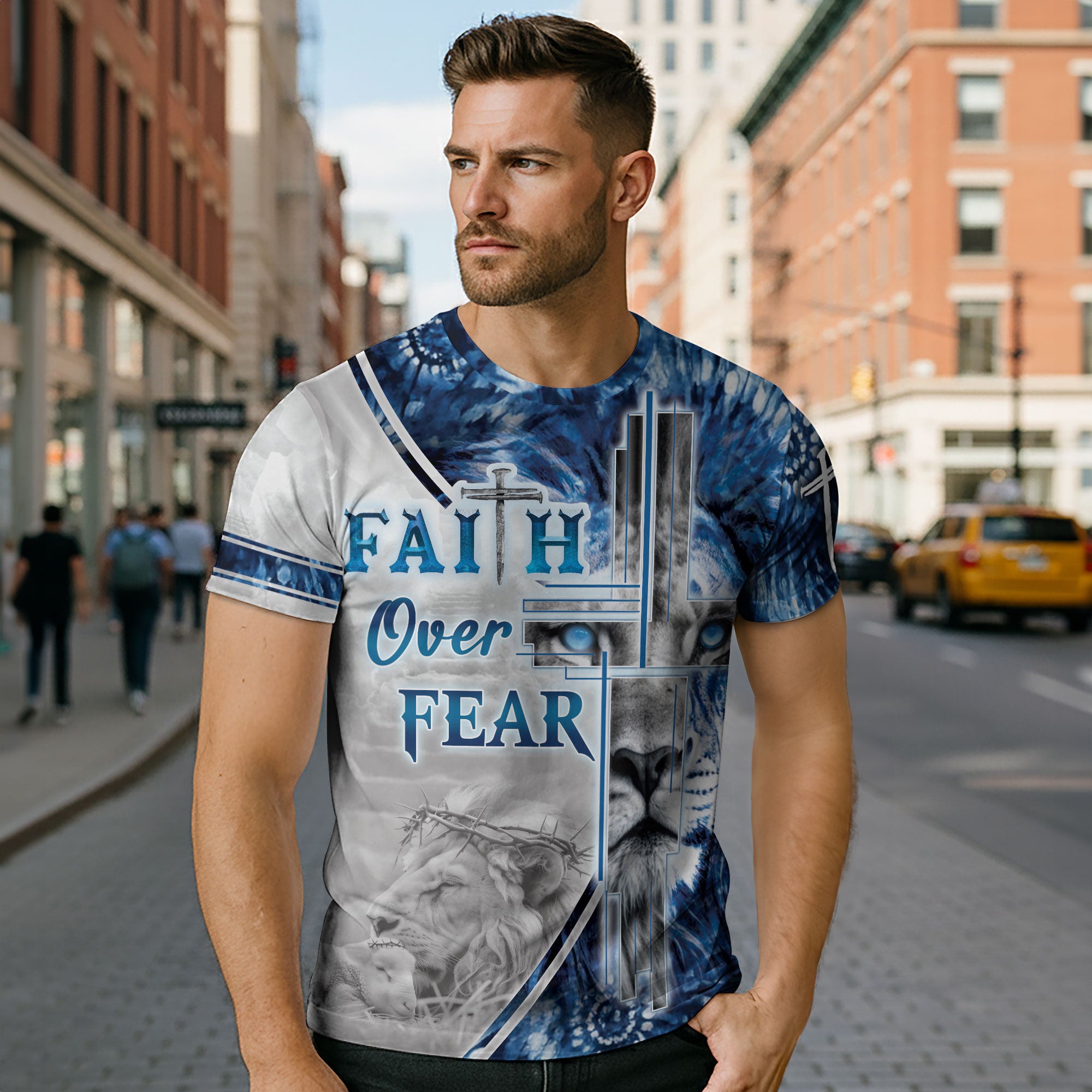 Faith Over Fear & Jesus Lion Cross T-Shirt – Christian Courage in Blue