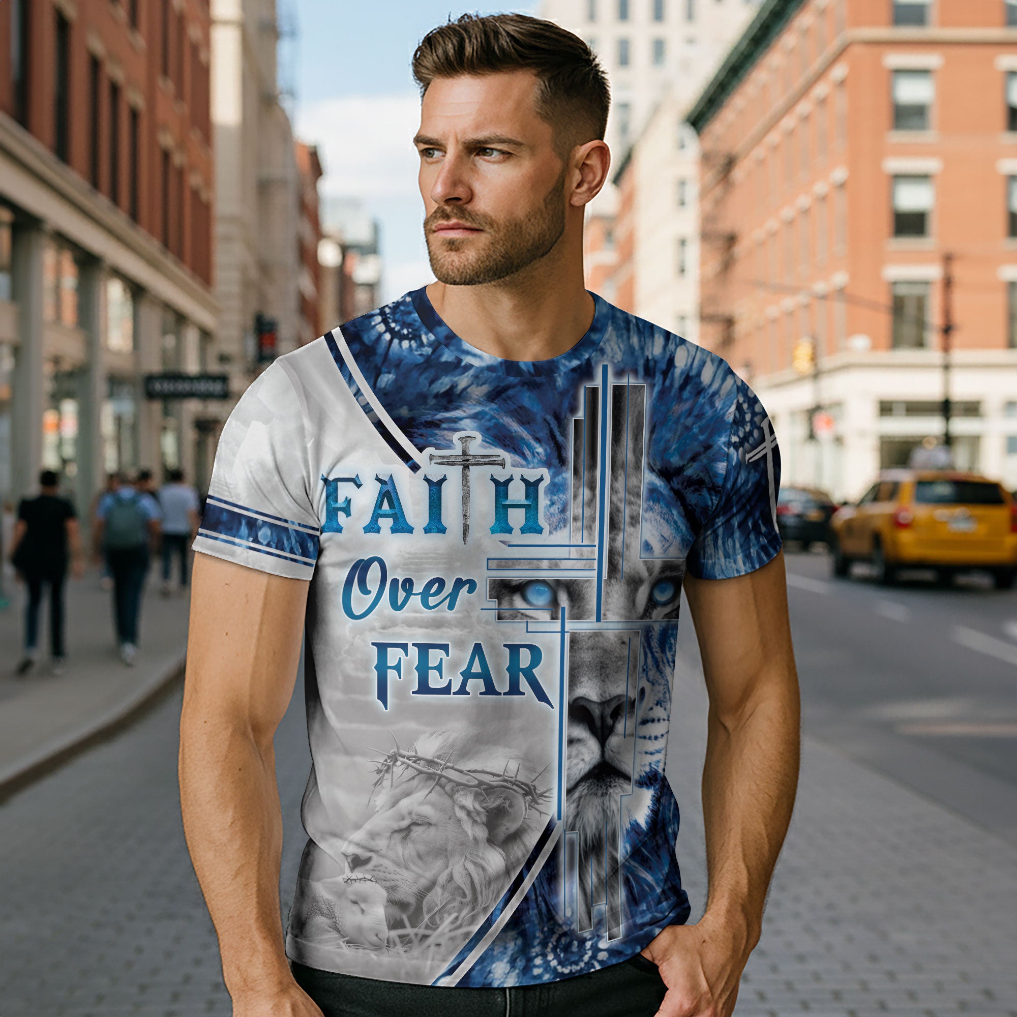Faith Over Fear & Jesus Lion Cross T-Shirt – Christian Courage in Blue