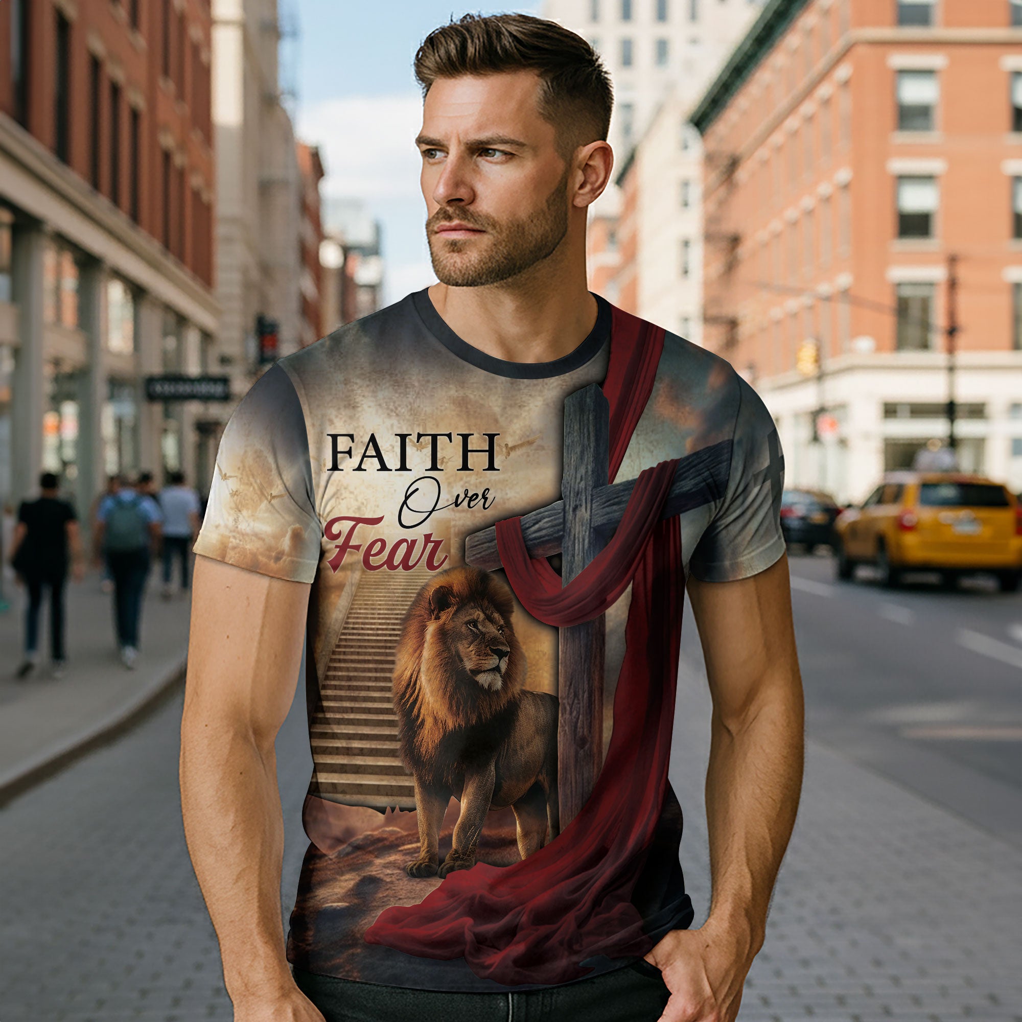 Faith Over Fear with Cross and Lion Draped in Red Robe – Christian T-Shirt