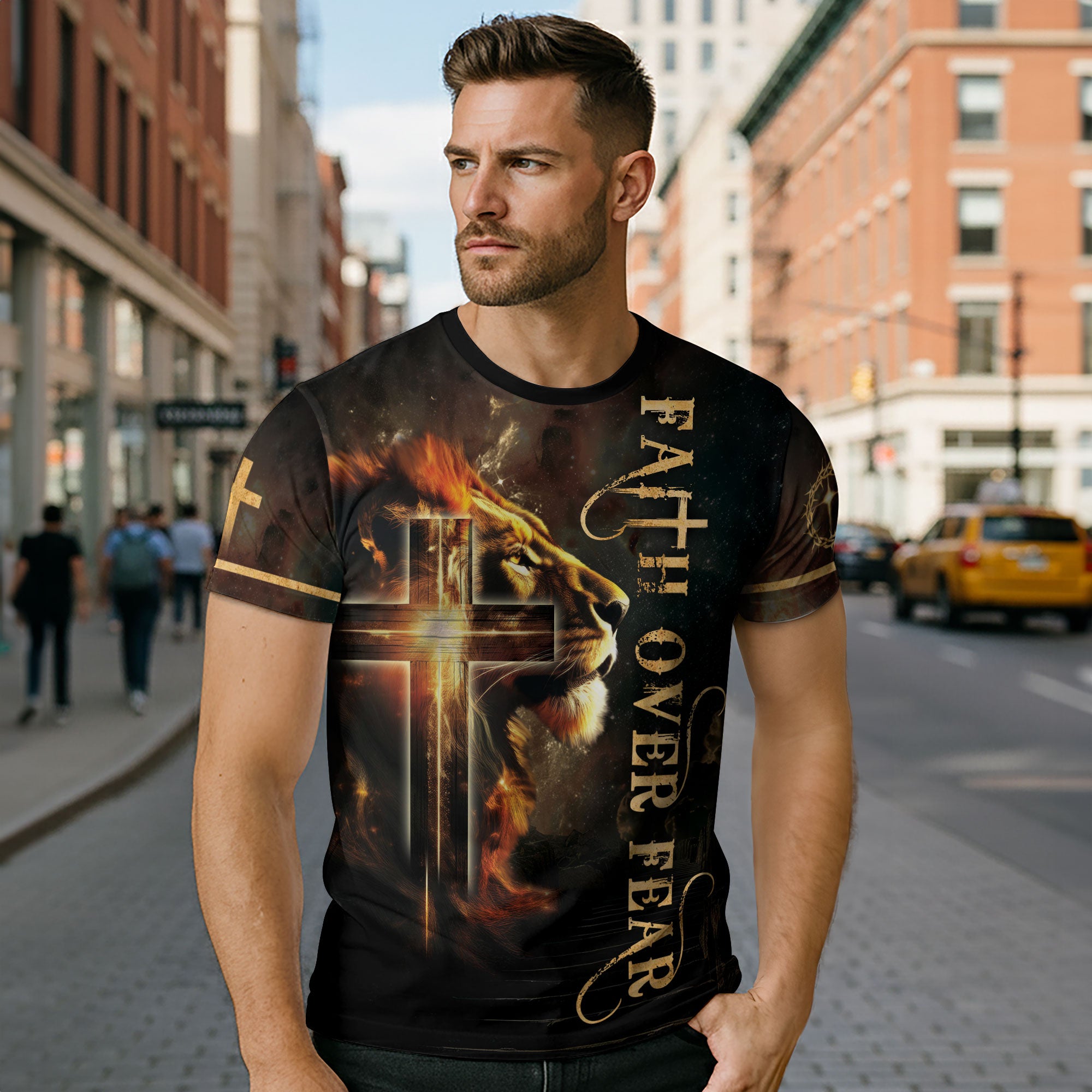 Faith Over Fear with Fiery Lion & Glowing Cross – Christian T-Shirt
