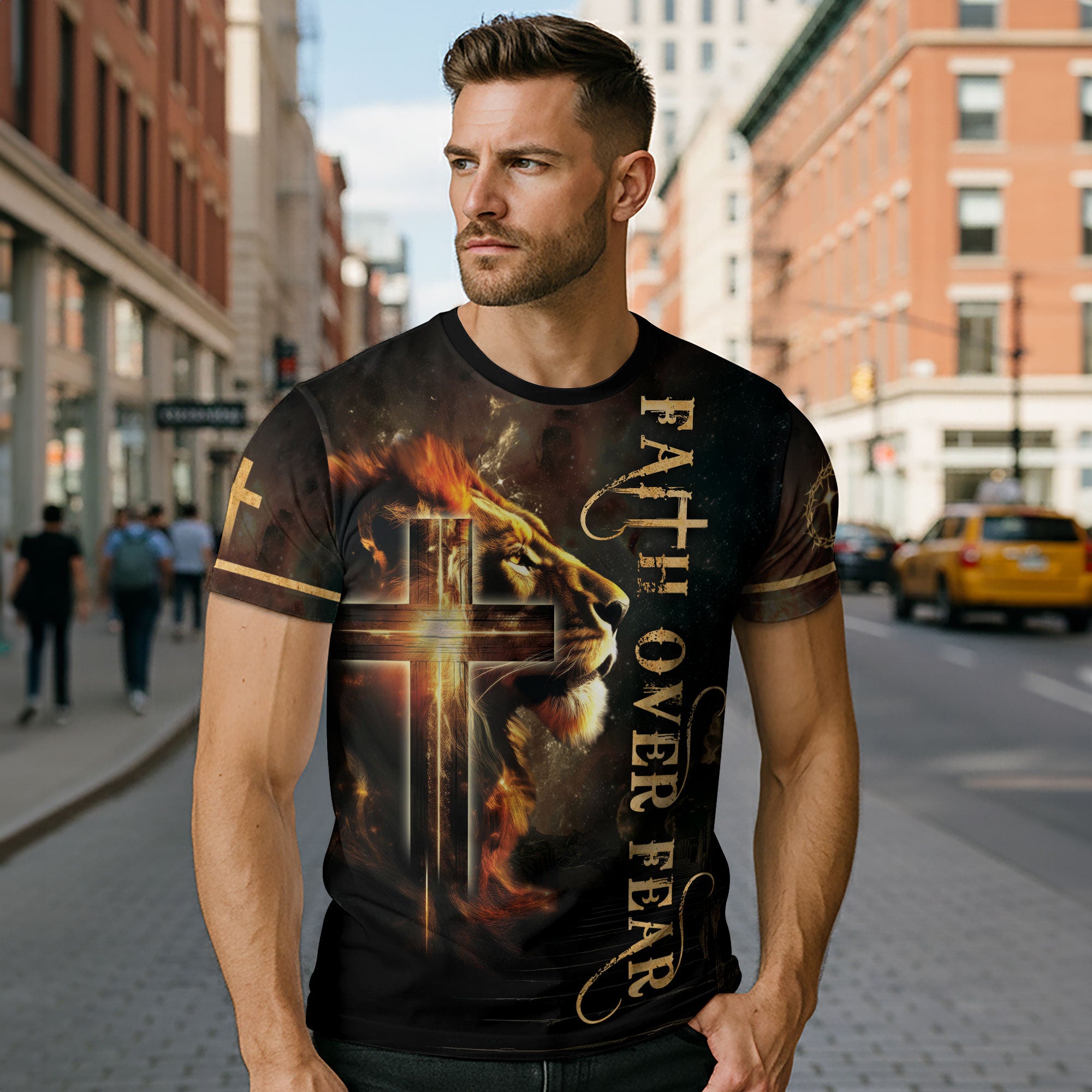 Faith Over Fear with Fiery Lion & Glowing Cross – Christian T-Shirt