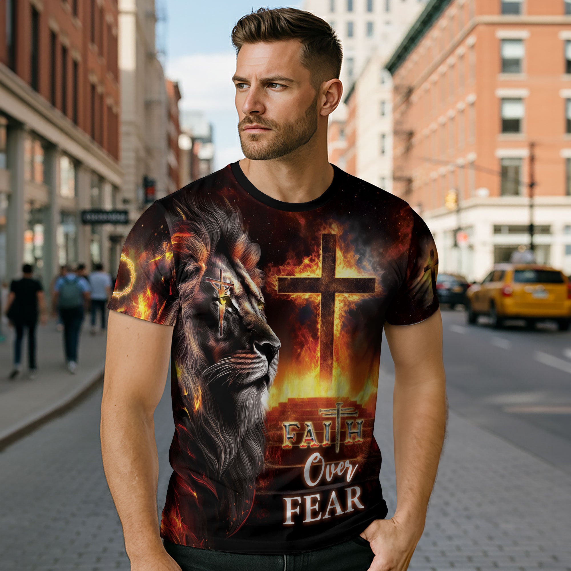 Fiery Cross & Lion Faith Over Fear T-Shirt