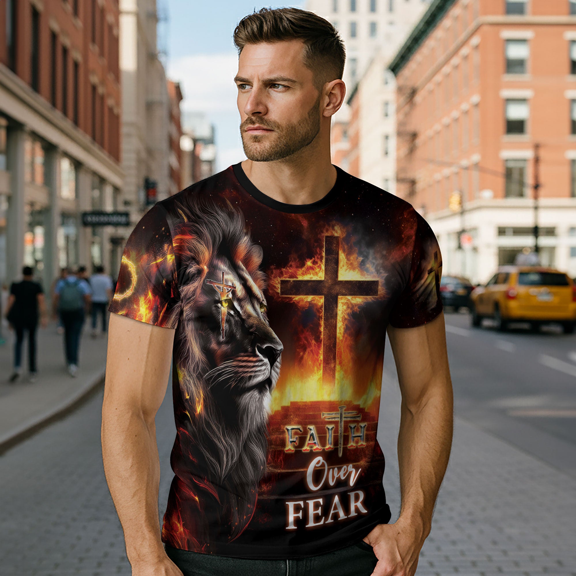 Fiery Cross & Lion Faith Over Fear T-Shirt