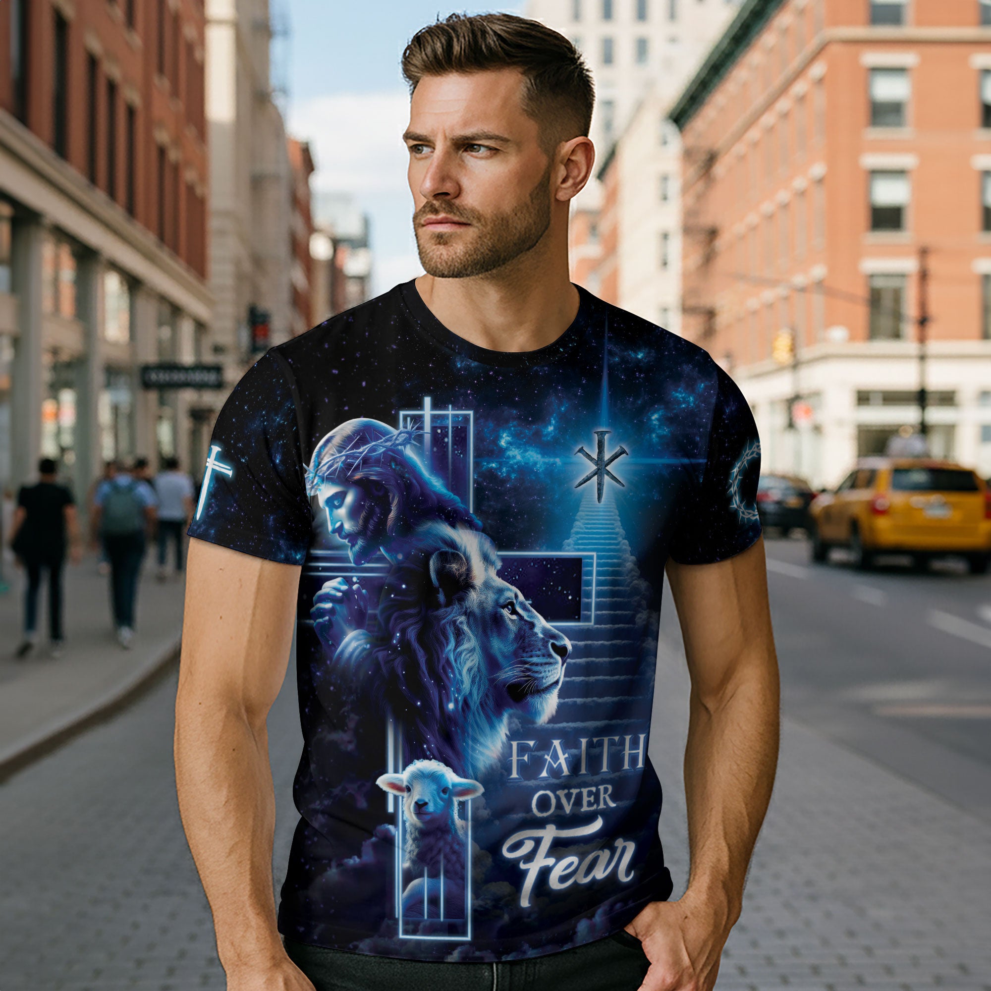 Faith Over Fear – Heaven’s Lion, Lamb & Cross Vision T-Shirt
