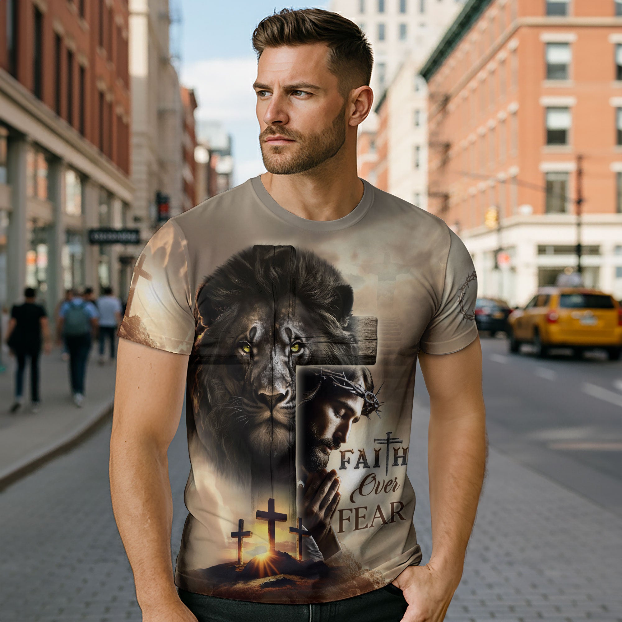 Faith Over Fear - Blood-Stained Cross & Risen Lion T-Shirt