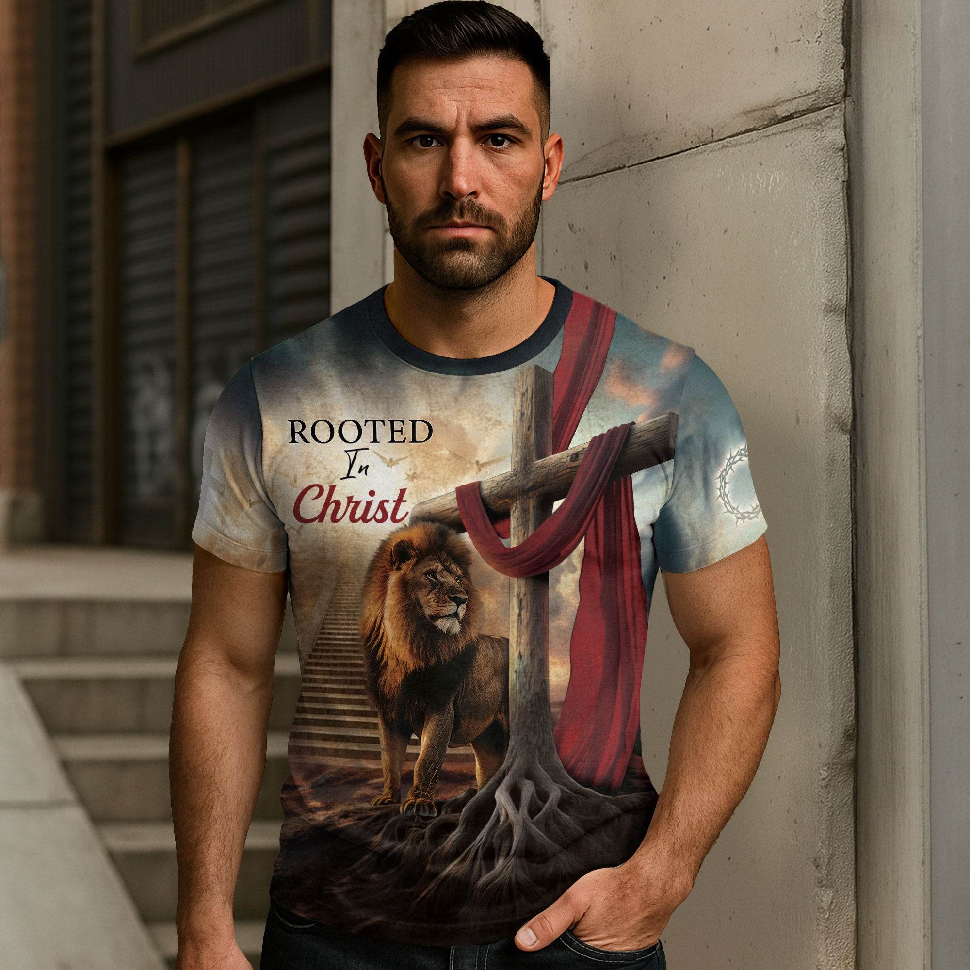 Rooted In Christ The Rooted Cross And Lion T-Shirt - Rust Field Wear