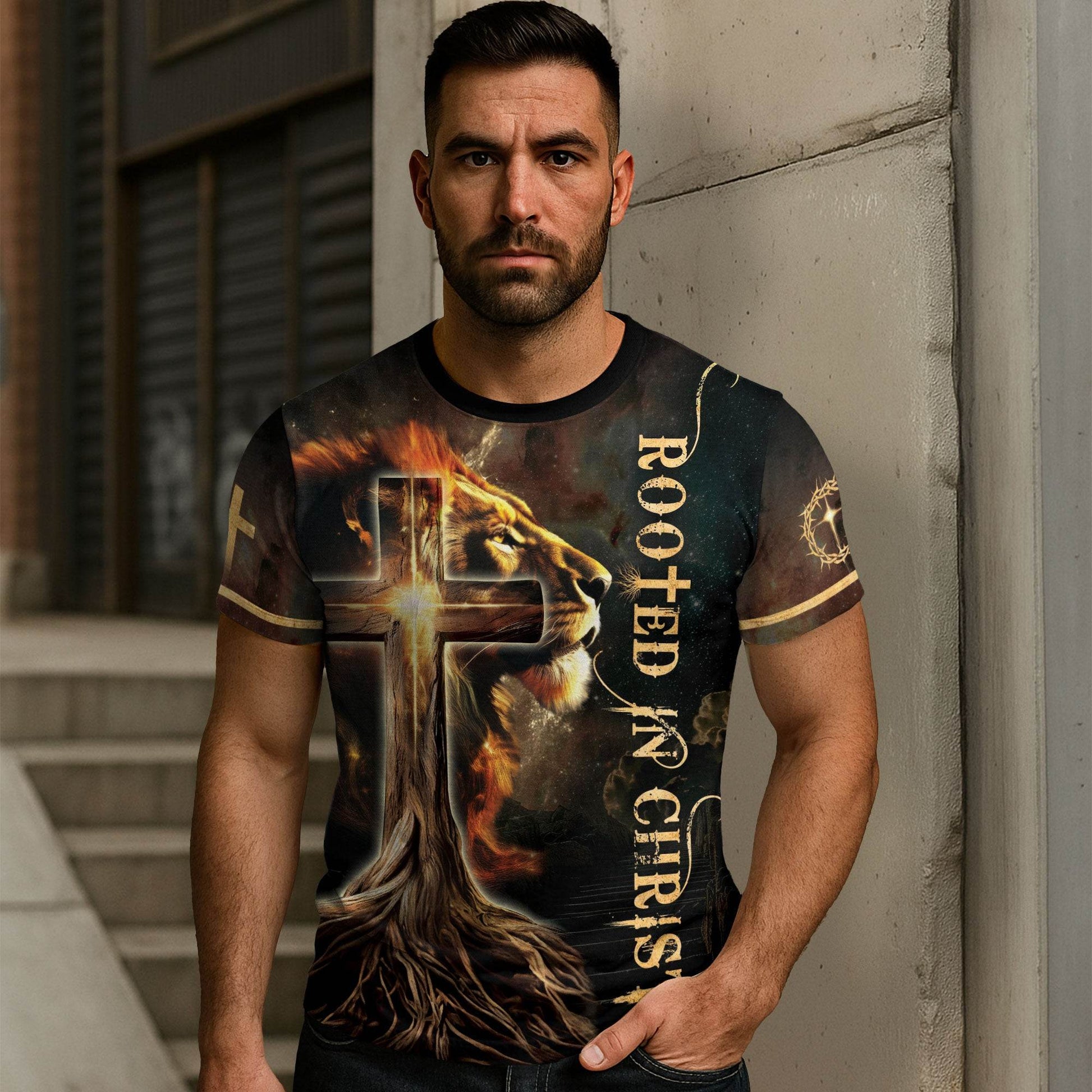 Rooted In The Light Of Christ Lion And Glowing Cross T-Shirt - Rust Field Wear