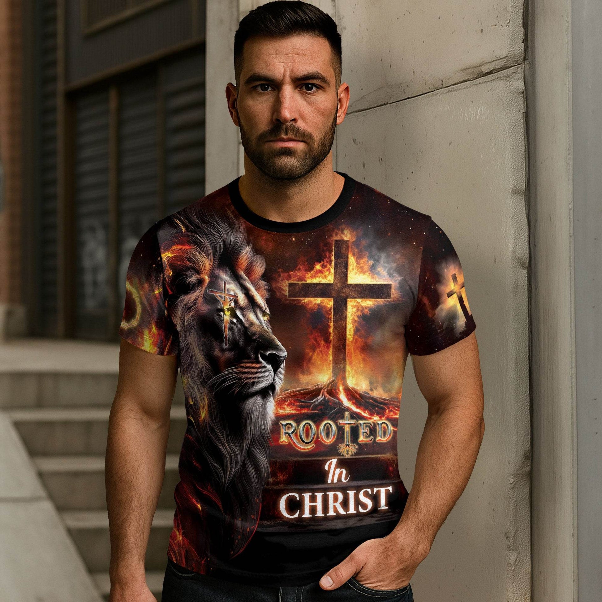 Rooted In Christ The Glowing Rooted Cross And Lion T-Shirt - Rust Field Wear