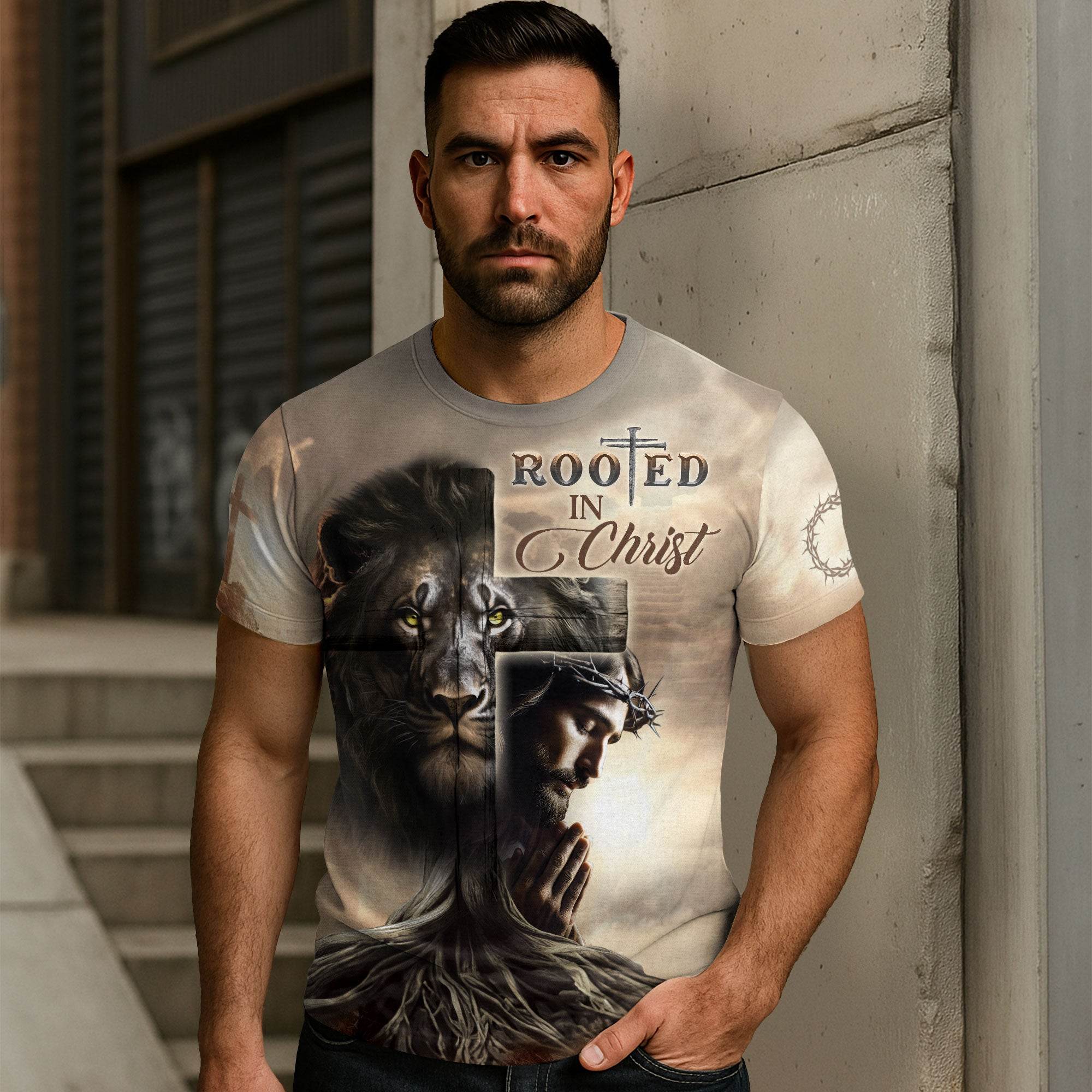Rooted In Christ Lion And Savior In The Cross T-Shirt - Rust Field Wear