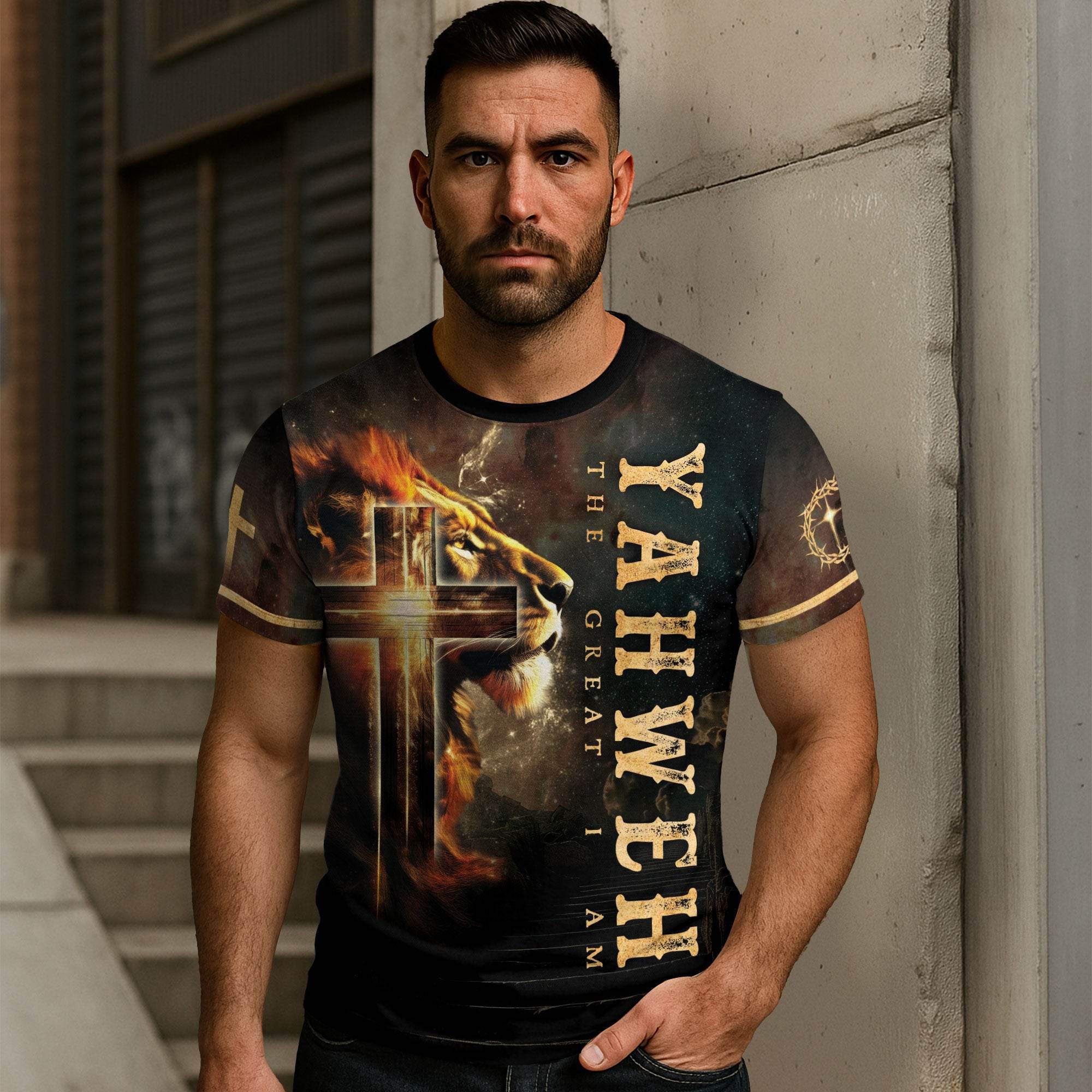 Yahweh The Great I Am Lion and Fiery Cross T-Shirt - Rust Field Wear