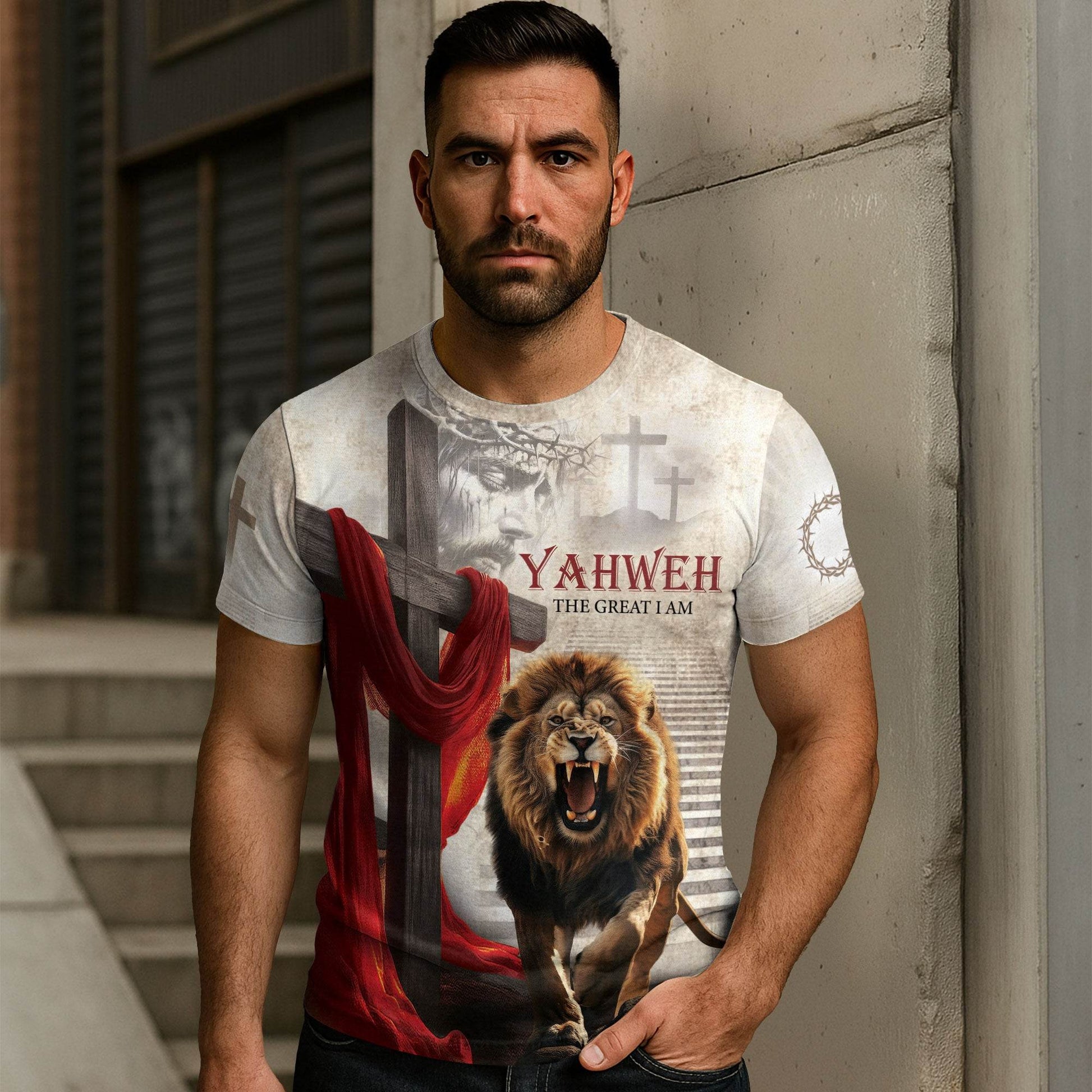 Yahweh The Great I Am & Crimson Cross Lion T-Shirt - Rust Field Wear