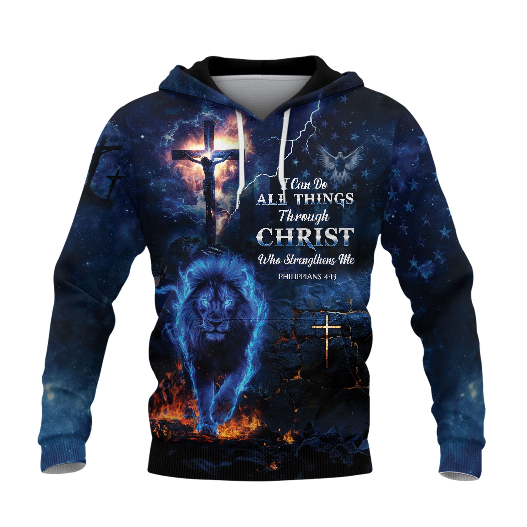 Philippians 4:13 Blue Lion of Judah Cross Christian Hoodie